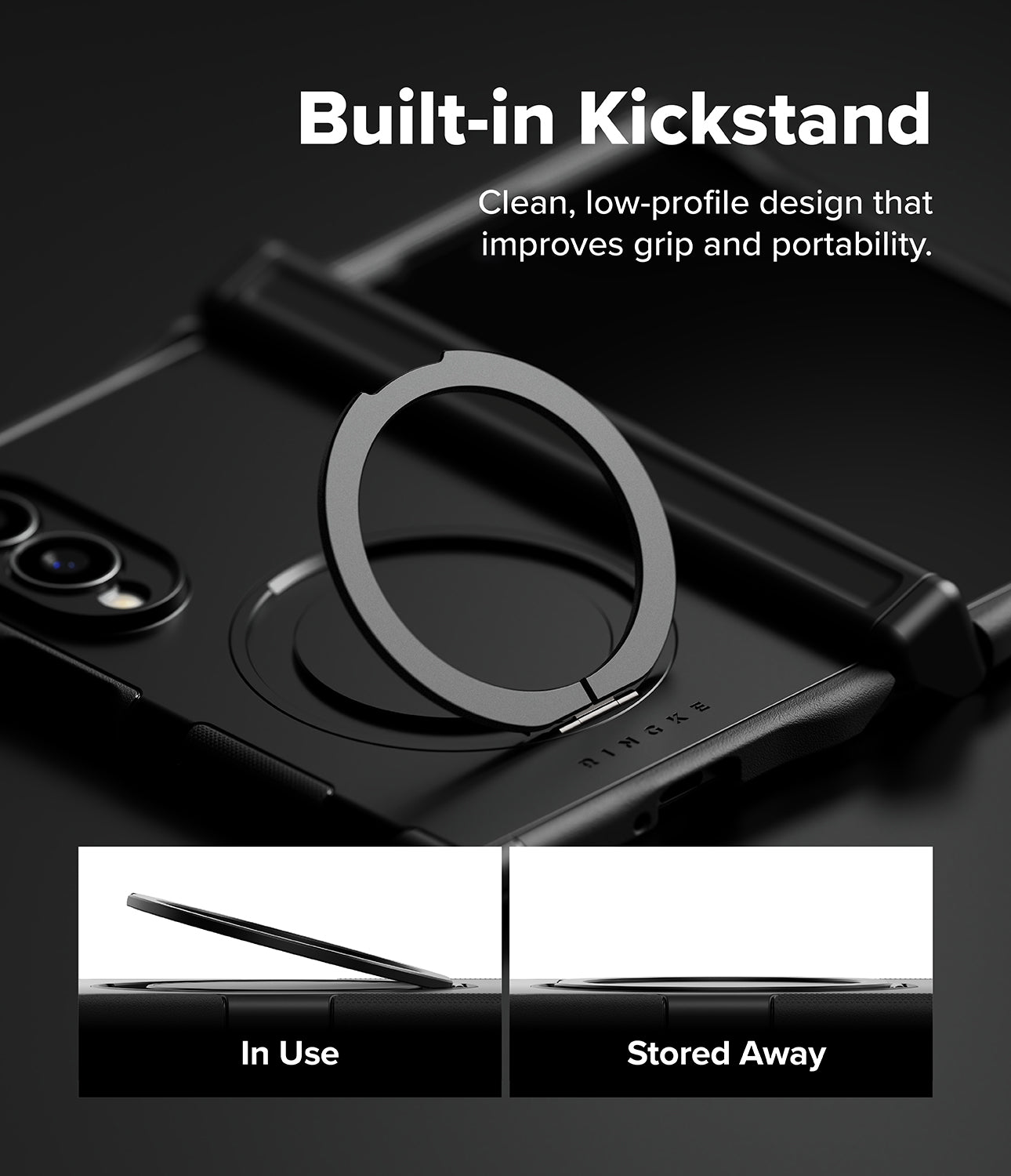 Galaxy Z Fold 8 Case | Alles - Black phone case with a built-in kickstand ring, shown with marketing text and two small inset images demonstrating the kickstand in use and stored away.