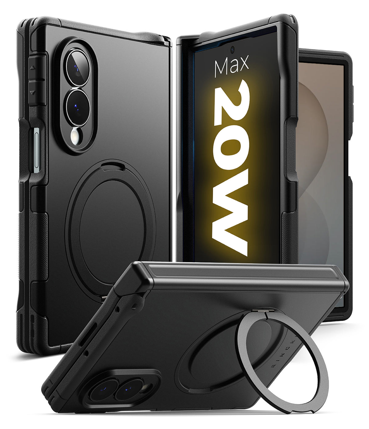 Galaxy Z Fold 8 Case | Alles - Black rugged protective case for a foldable smartphone, shown in multiple angles including back view with circular ring stand and front view with phone inserted.