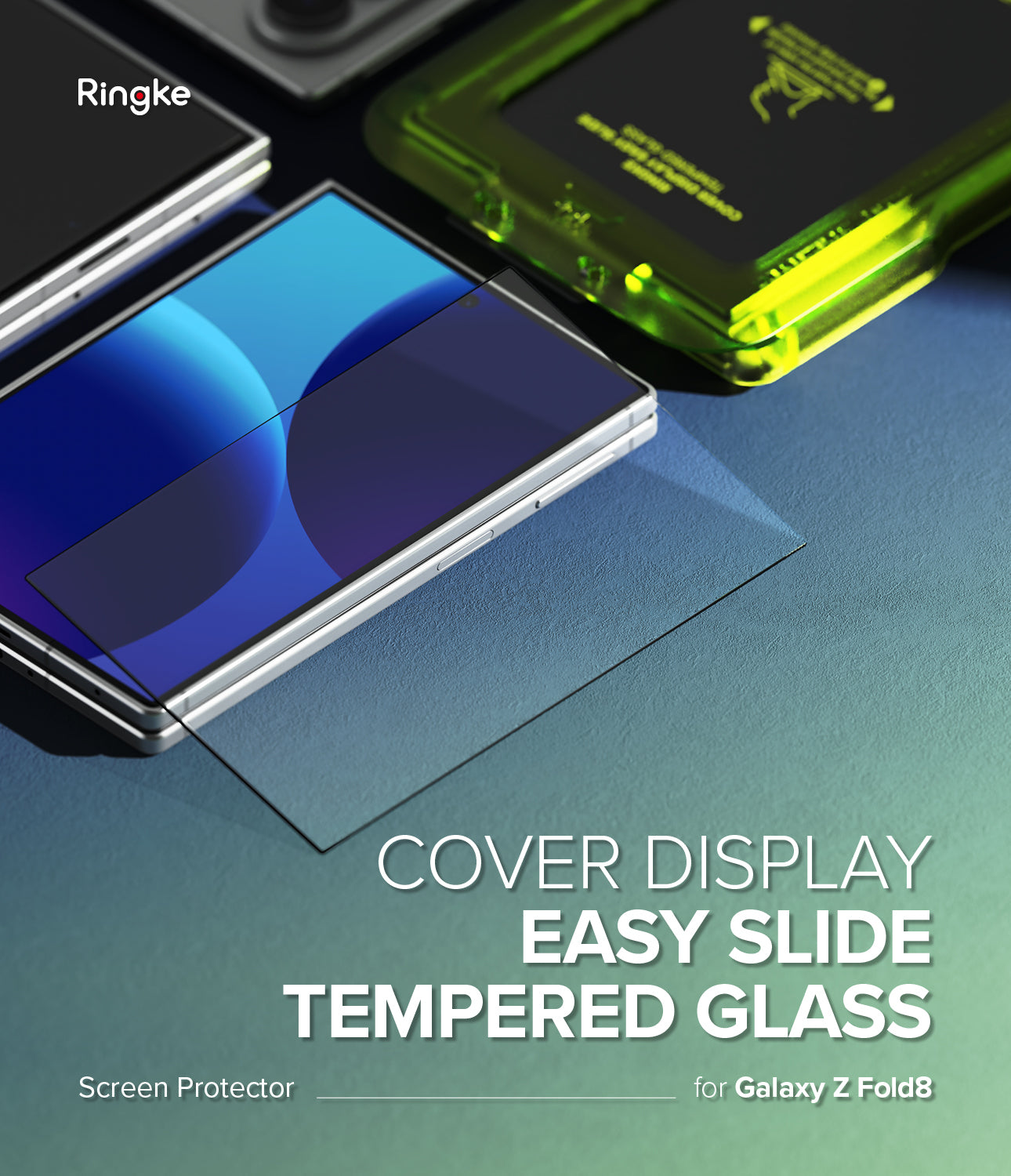 Galaxy Z Fold 8 Screen Protector | Cover Display Easy Slide Tempered Glass (2 Pack) - Ringke screen protector for Samsung Galaxy Z Fold 8, shown as a clear rectangular glass piece sliding over the front of a foldable phone. The image features a green translucent case in the background and text overlays reading 'COVER DISPLAY', 'EASY SLIDE', 'TEMPERED GLASS', and 'for Galaxy Z Fold8'.