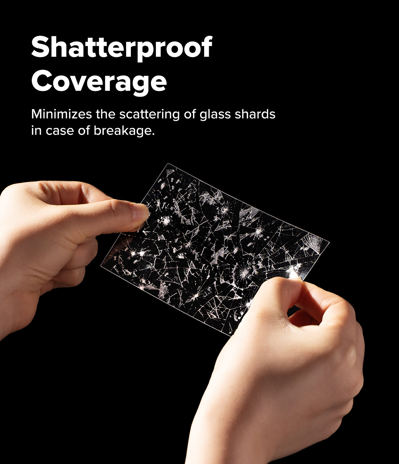 Galaxy Z Fold 8 Screen Protector | Cover Display Easy Slide Tempered Glass (2 Pack) - A pair of hands holds a transparent shatterproof glass panel against a black background, with white text at the top reading 'Shatterproof Coverage' and a smaller descriptive subtitle.