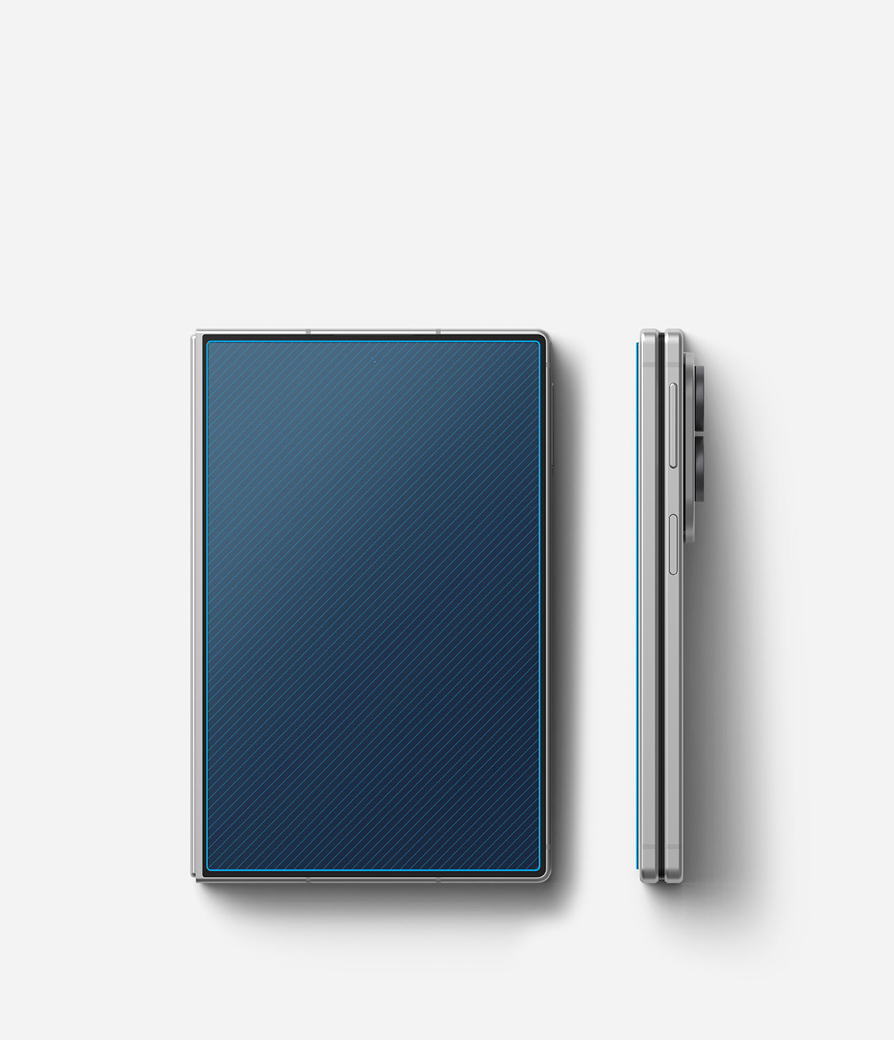 Galaxy Z Fold 8 Screen Protector | Cover Display Easy Slide Tempered Glass (2 Pack) - A silver smartphone shown from the back and side on a clean white background. The back panel has a dark blue textured finish with a thin blue accent line along the edge.