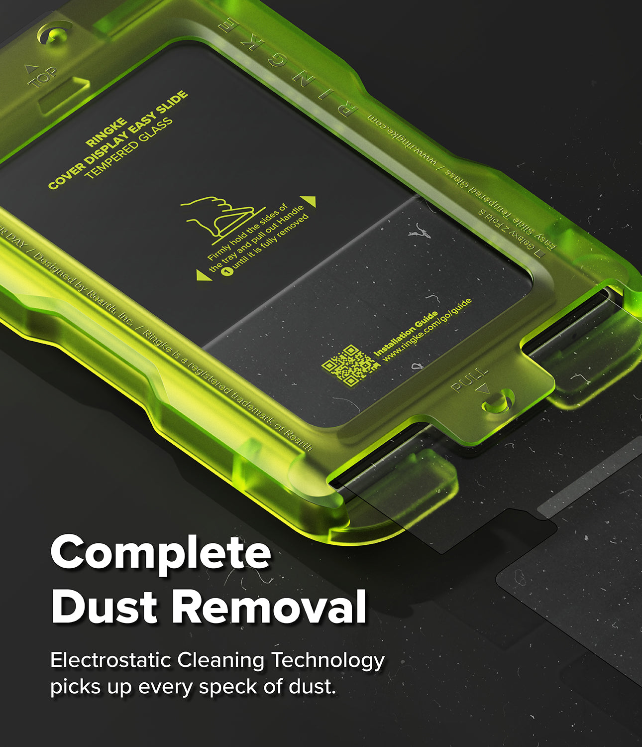 Galaxy Z Fold 8 Screen Protector | Cover Display Easy Slide Tempered Glass (2 Pack) - A close-up of a transparent lime green protective case with a black insert, shown on a dark surface. Large white text reads 'Complete Dust Removal' with smaller explanatory text below about electrostatic cleaning technology.