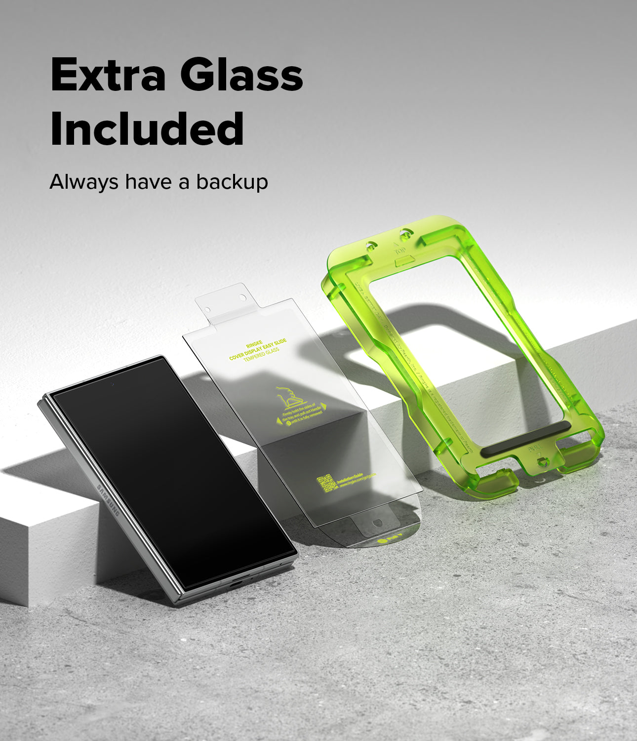 Galaxy Z Fold 8 Screen Protector | Cover Display Easy Slide Tempered Glass (2 Pack) - A smartphone shown with a transparent protective case in bright lime green and a clear screen protector package. Large text at the top reads 'Extra Glass Included' and 'Always have a backup' on a clean light gray studio background.