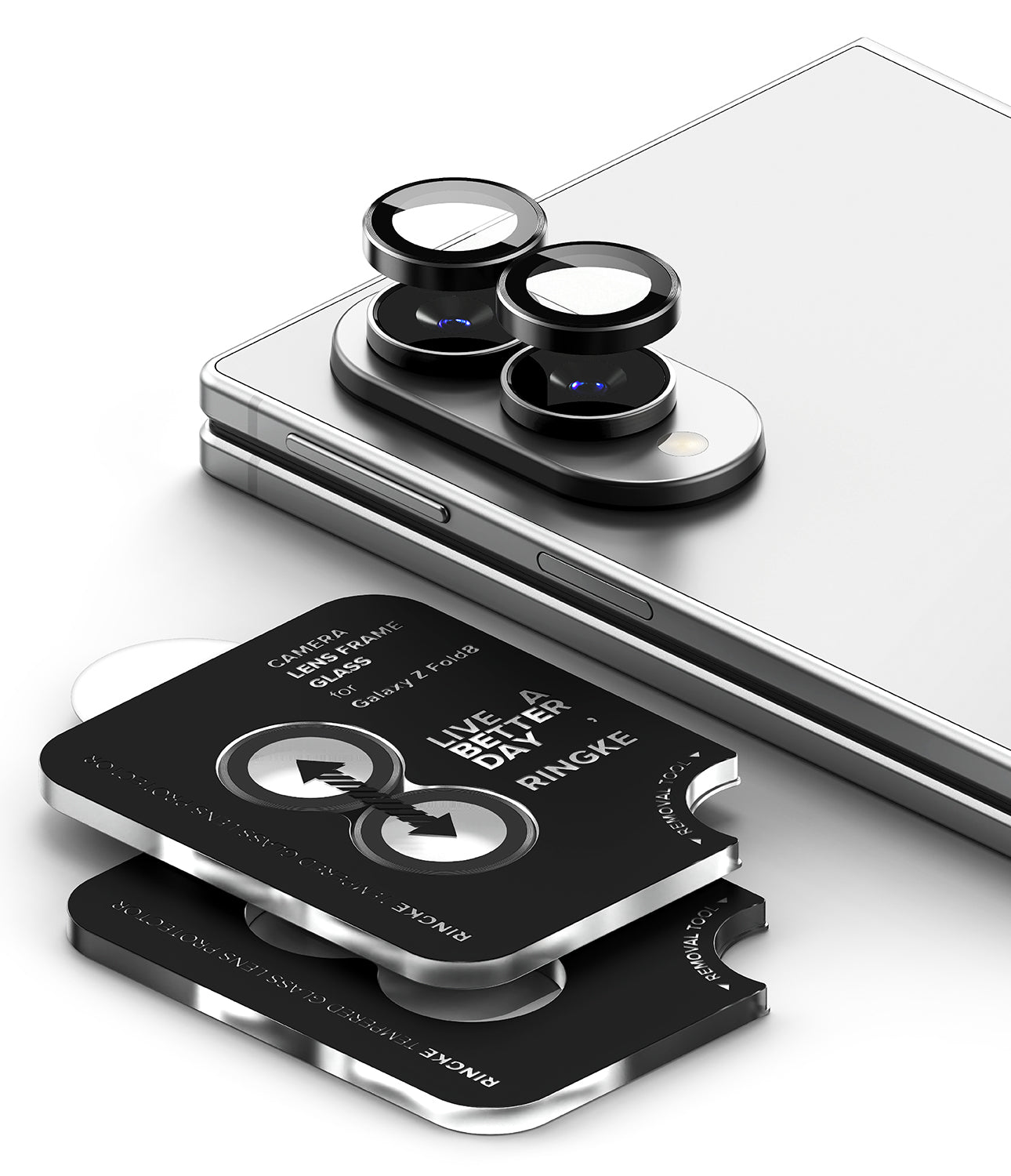Galaxy Z Fold 8 Camera Protector | Camera Lens Frame Glass (2 Pack) - Three black Ringke camera lens protectors are shown attached to a smartphone camera module, with two additional protectors stacked in front on a clean white background.