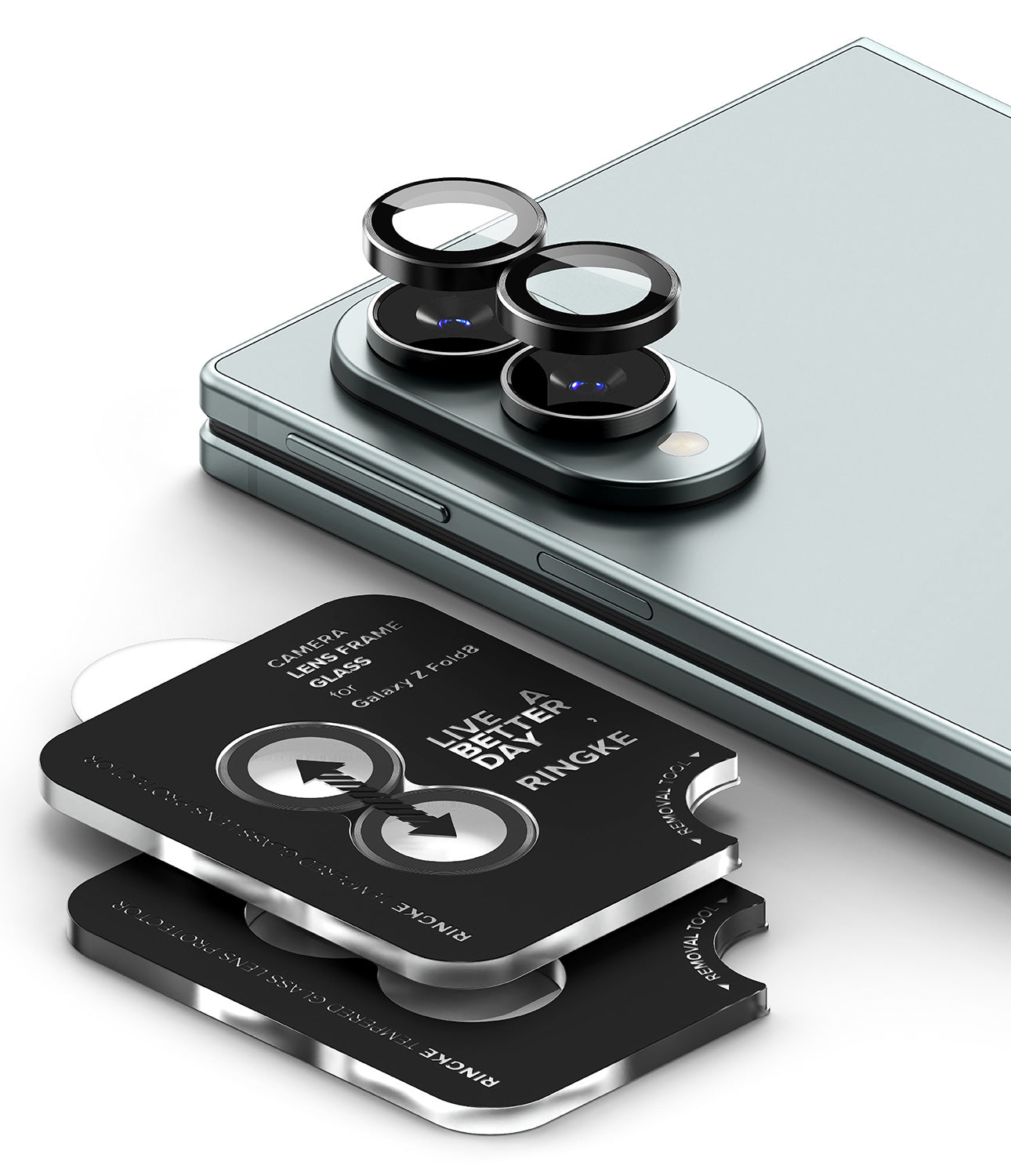 Galaxy Z Fold 8 Camera Protector | Camera Lens Frame Glass (2 Pack) - Three black RINGKE camera lens protectors are shown attached to a smartphone camera module, with two additional protectors displayed in front on a clean white background.