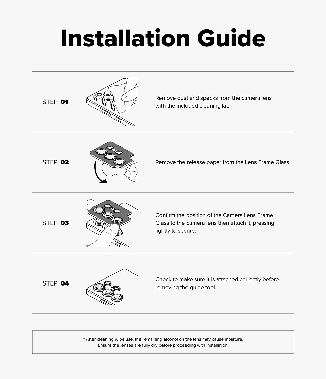 Galaxy Z Fold 8 Camera Protector | Camera Lens Frame Glass (2 Pack) - Four-step illustrated guide for installing a camera lens protector.