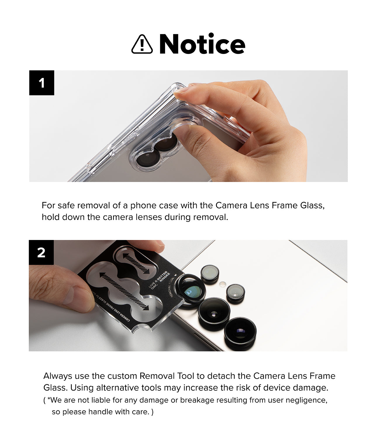 Galaxy Z Fold 8 Camera Protector | Camera Lens Frame Glass (2 Pack) - Removal notice showing how to safely detach a camera lens frame glass using the recommended removal tool.