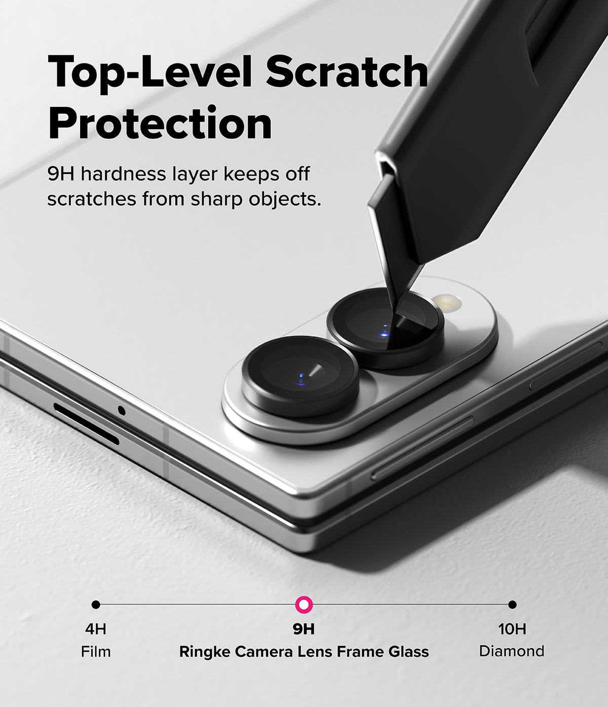 Galaxy Z Fold 8 | Fusion Air Flap Magnetic + 360° Privacy & Camera - A close-up promotional graphic showing a smartphone camera lens area with text reading 'Top-Level Scratch Protection' and '9H hardness layer keeps off scratches from sharp objects.' A stylus is touching the camera module to demonstrate protection.