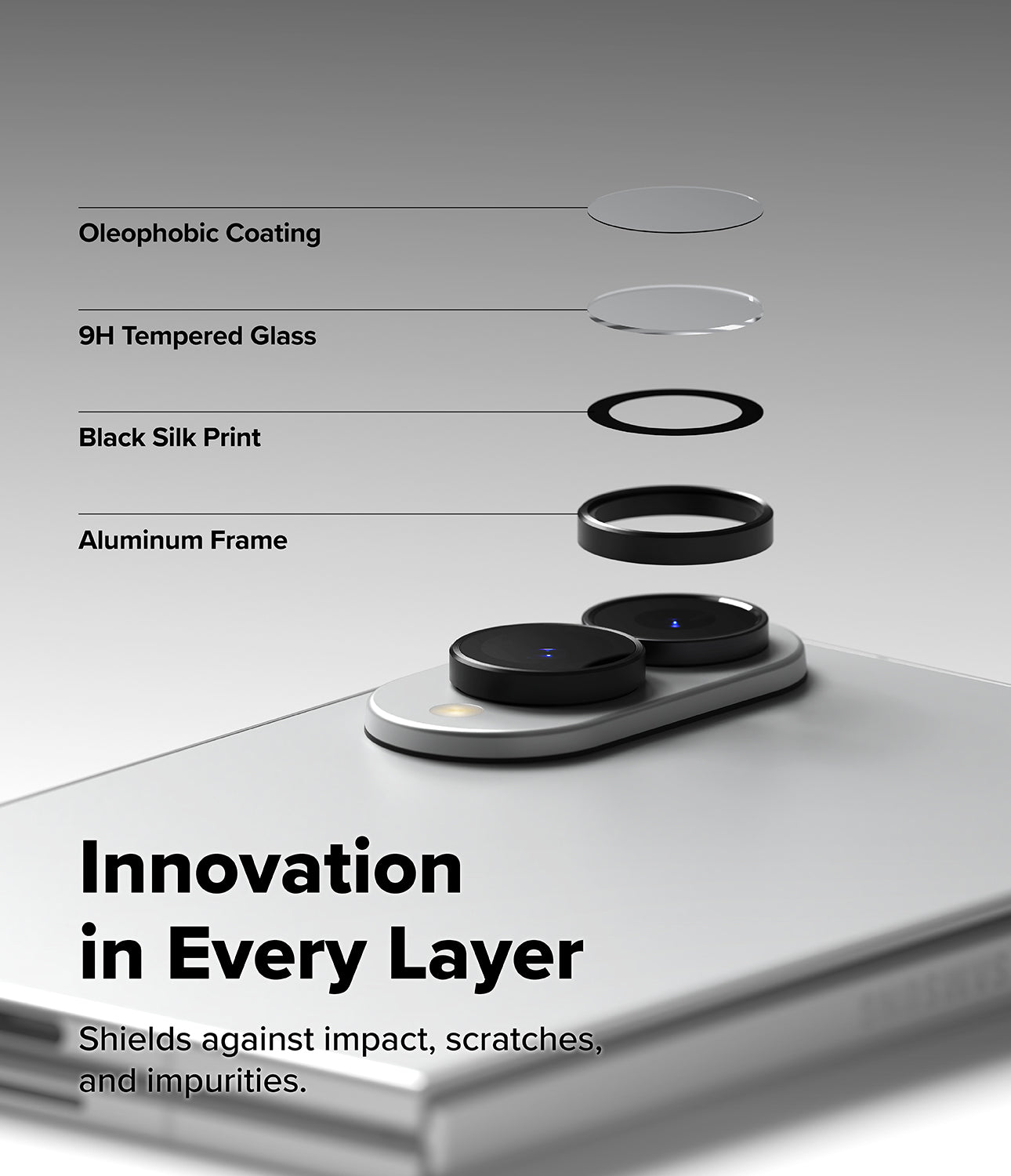 Galaxy Z Fold 8 Camera Protector | Camera Lens Frame Glass (2 Pack) - Exploded view of camera lens protector layers including coating, tempered glass, and aluminum frame.