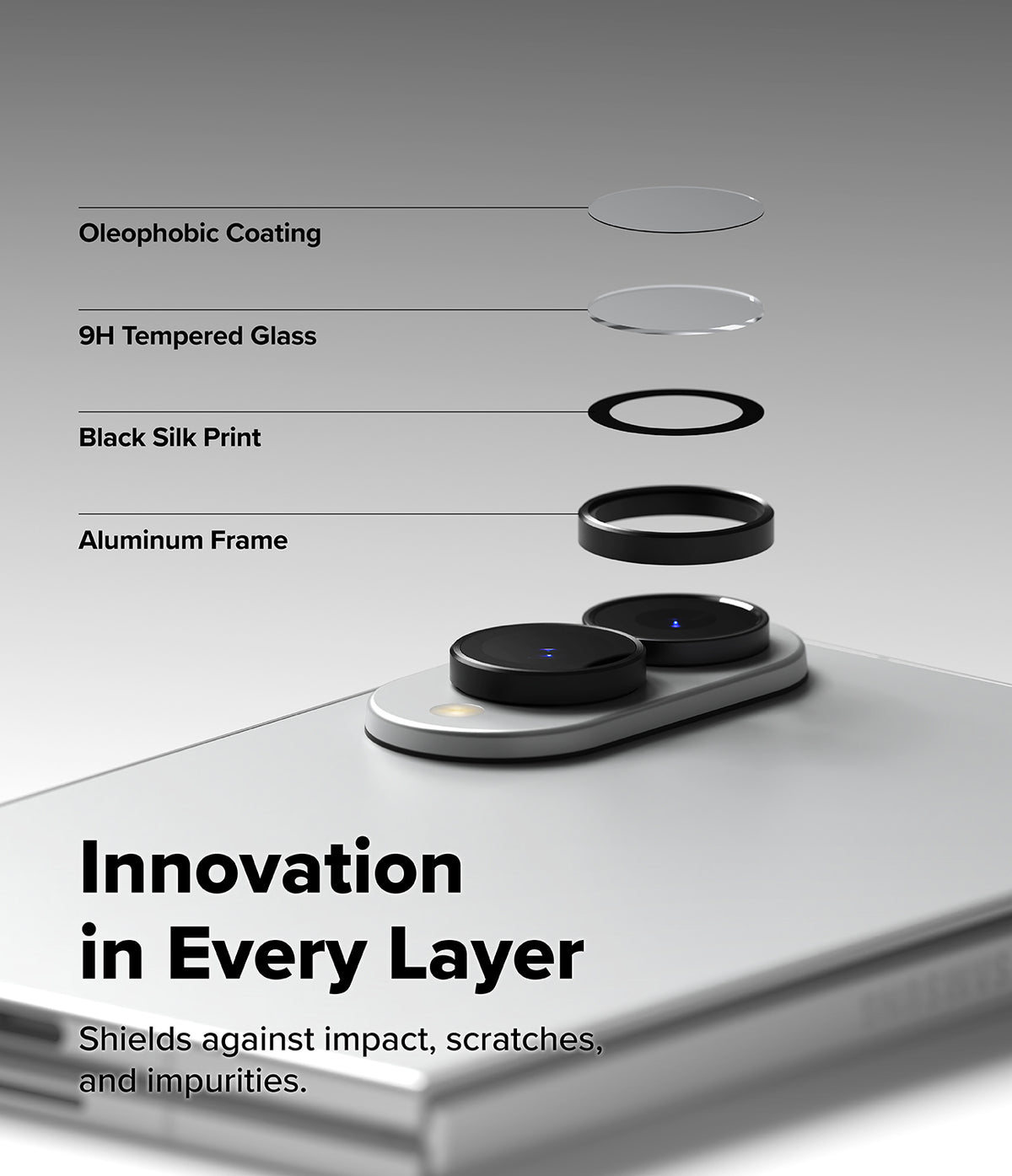 Galaxy Z Fold 8 | Fusion Air Flap Magnetic + Camera - A promotional graphic showing a smartphone camera lens protector set with layered transparent and black protective rings floating above the camera module. Text labels identify the layers: Oleophobic Coating, 9H Tempered Glass, Black Silk Print, and Aluminum Frame.