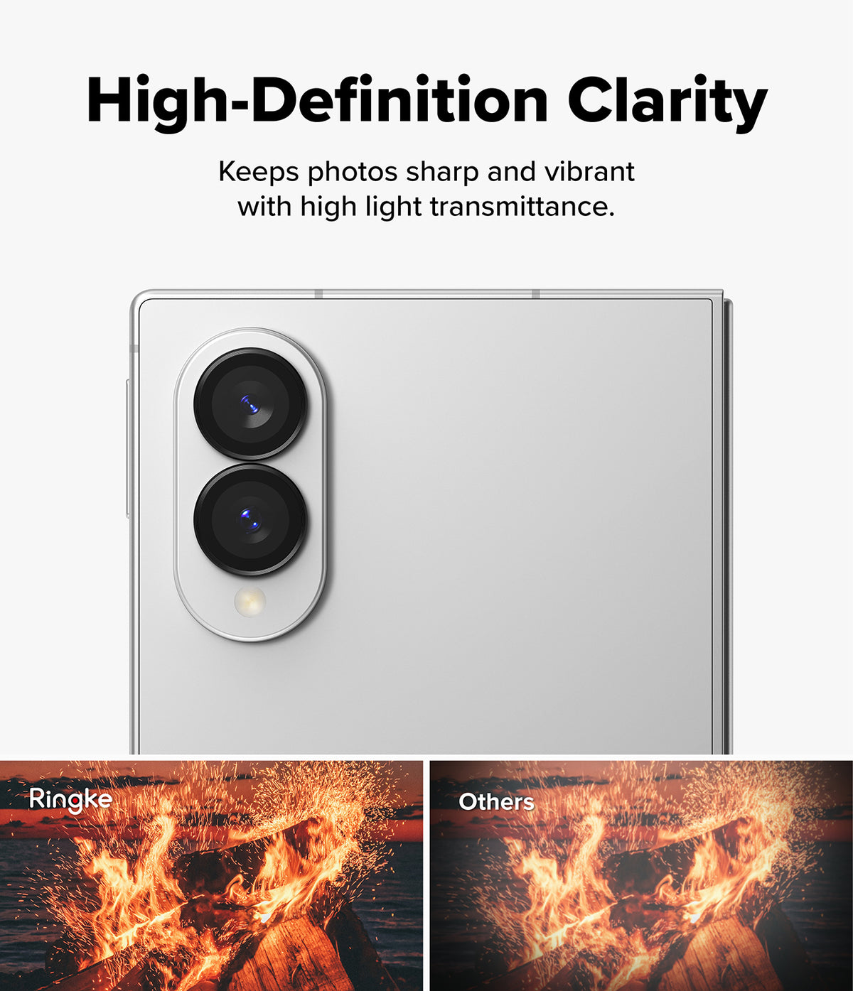 Galaxy Z Fold 8 | Fusion Air Flap Magnetic + Camera - A promotional graphic for a silver smartphone showing a close-up of its rear camera area with text reading 'High-Definition Clarity' and smaller comparison images at the bottom labeled 'Ringke' and 'Others'.