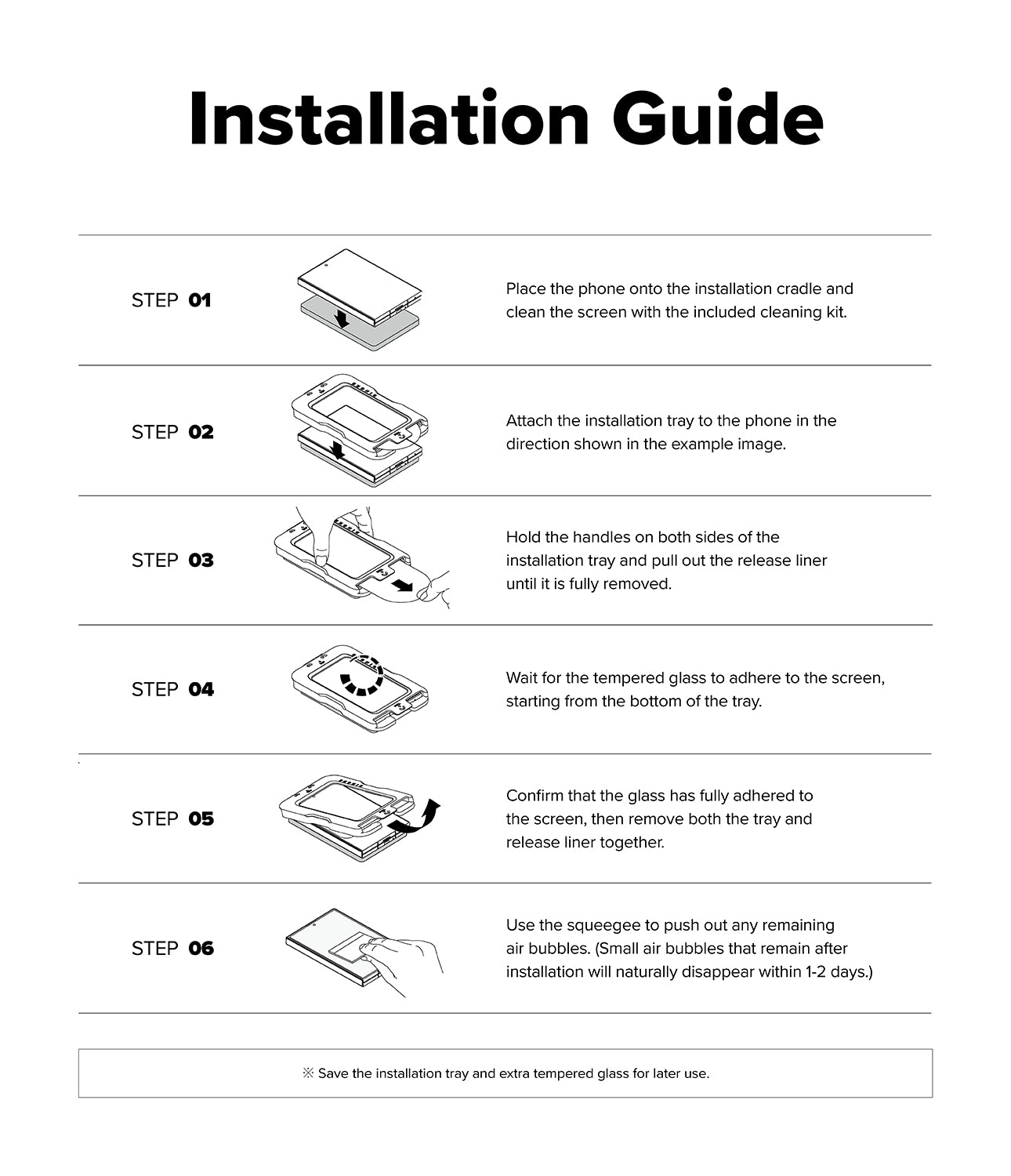 Galaxy Z Fold 8 Screen Protector | Cover Display Easy Slide 360° Privacy Tempered Glass (2 Pack) - An installation guide sheet with six numbered steps showing how to attach a smartphone case to a phone and remove the release liner, with small diagrams and instructions on a white background.