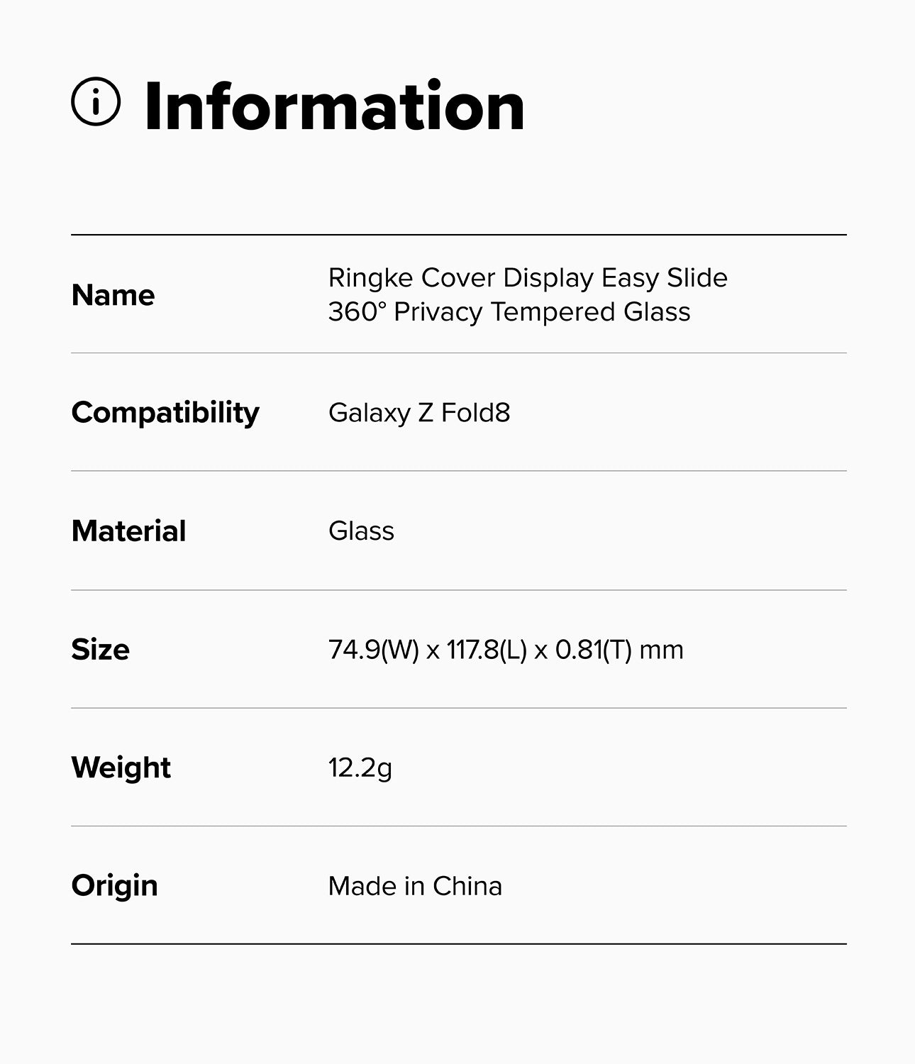Galaxy Z Fold 8 Screen Protector | Cover Display Easy Slide 360° Privacy Tempered Glass (2 Pack) - An information card with a light gray background and black text listing product details: name, compatibility with Galaxy Z Fold8, material as glass, dimensions, weight 12.2g, and origin Made in China.