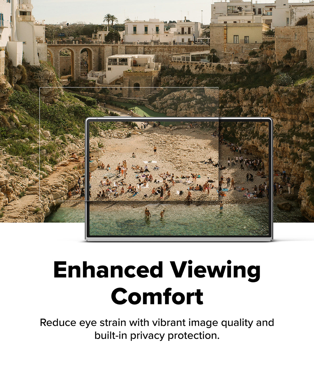 Galaxy Z Fold 8 | Fusion Air Flap Magnetic + 360° Privacy - A promotional graphic for a tablet device showing a coastal beach scene on its screen, with text below reading 'Enhanced Viewing Comfort' and smaller copy about reduced eye strain and privacy protection.