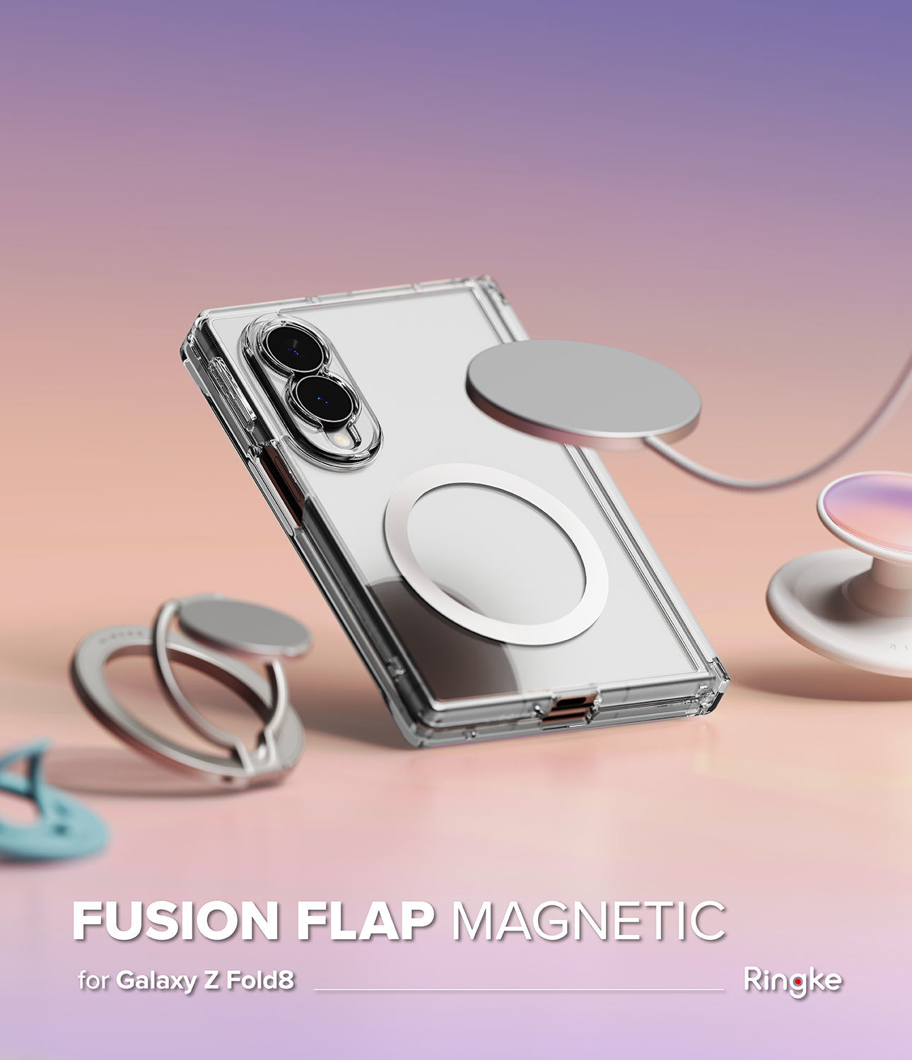 Galaxy Z Fold 8 Case | Fusion Flap Magnetic - A clear magnetic phone case with a silver metallic ring and circular magnetic pad, shown on a smartphone against a soft pink-to-purple gradient background. Text at the bottom reads 'FUSION FLAP MAGNETIC for Galaxy Z Fold8 Ringke'.
