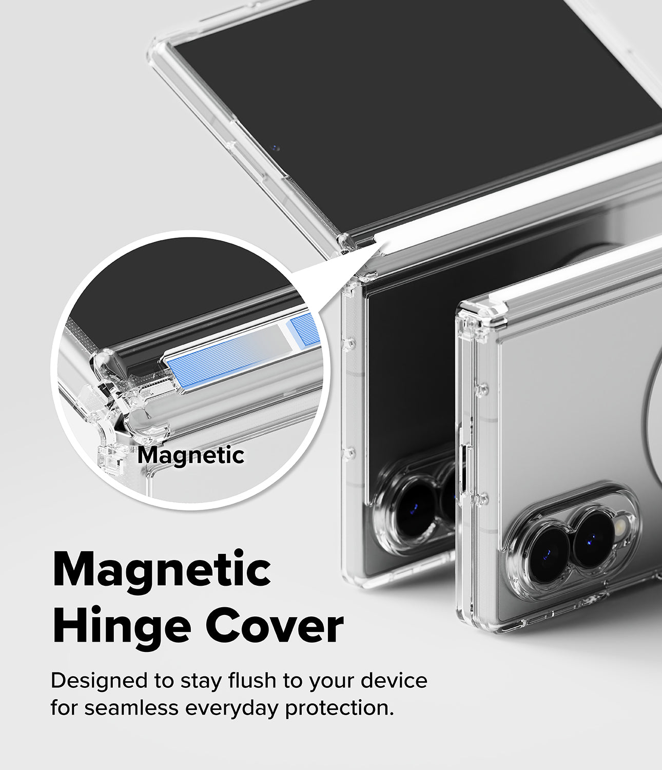 Galaxy Z Fold 8 Case | Fusion Flap Magnetic - Transparent magnetic hinge phone case shown on a folded smartphone, with a circular inset highlighting the magnetic connection and text reading 'Magnetic Hinge Cover' on a light gray background.