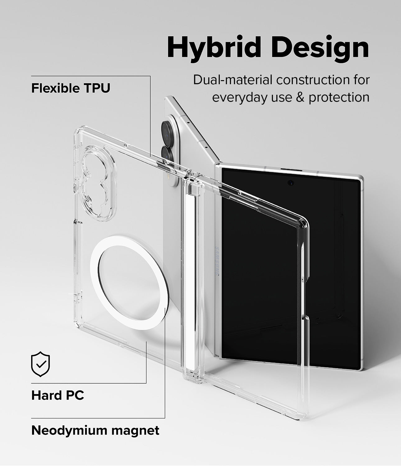 Galaxy Z Fold 8 Case | Fusion Flap Magnetic - Transparent hybrid phone case with a built-in magnetic ring and hard PC frame, shown in two views with text callouts for flexible TPU, hard PC, and neodymium magnet on a light gray background.