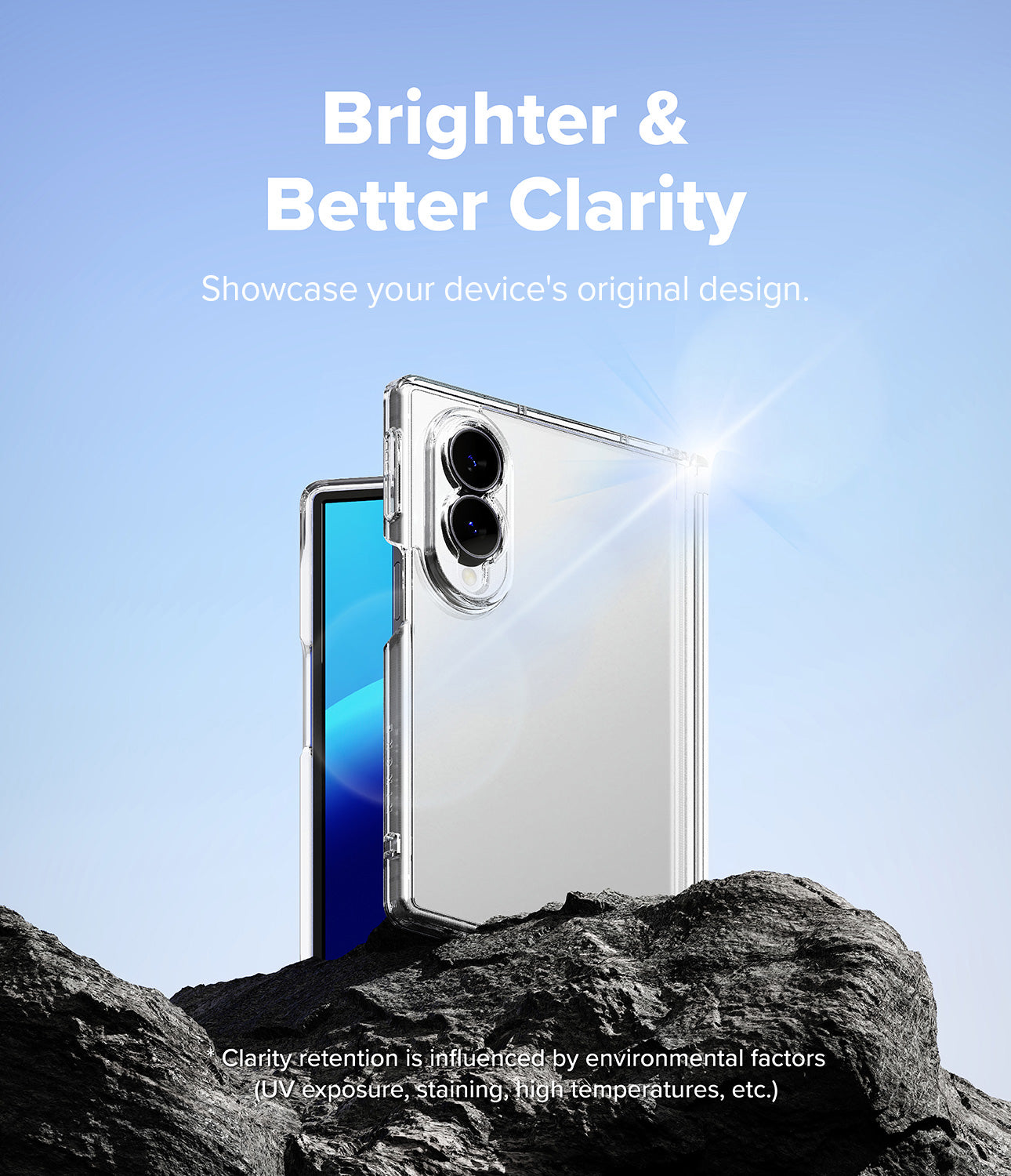 Galaxy Z Fold 8 Case | Fusion Flap - A clear protective phone case shown on a smartphone, standing upright on dark rocks against a bright blue sky. White text at the top reads 'Brighter & Better Clarity' and small disclaimer text appears at the bottom.