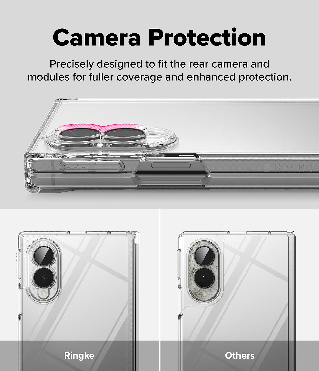 Galaxy Z Fold 8 Case | Fusion Flap - A promotional graphic for a clear phone case with a raised camera bumper. The top section shows the case fitted on a phone, with a pink ring light visible through the camera cutout.