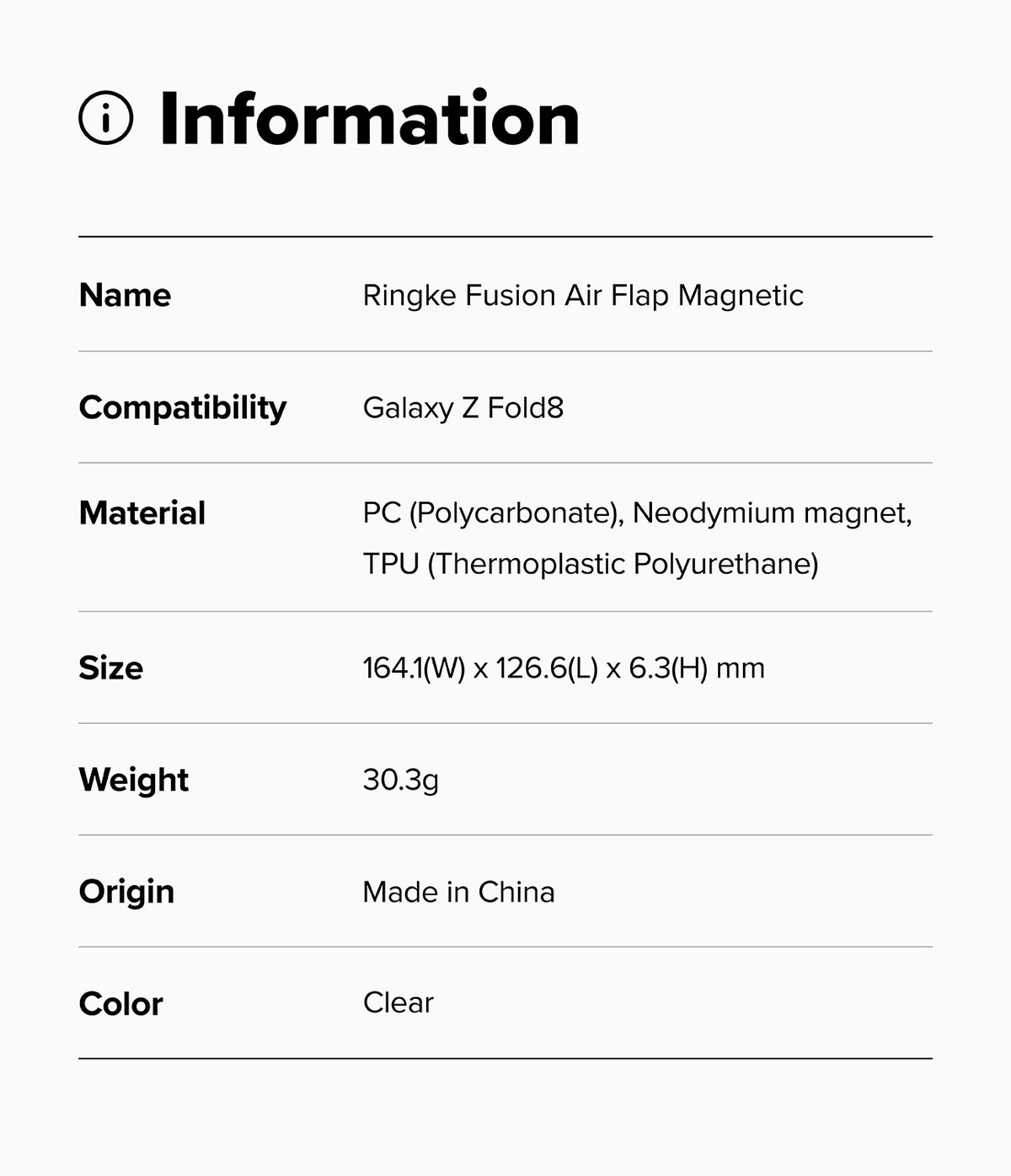 Galaxy Z Fold 8 | Fusion Air Flap Magnetic - An information card with a light gray background and black text listing product details for a Ringke Fusion Air Flap Magnetic compatible with Galaxy Z Fold8.