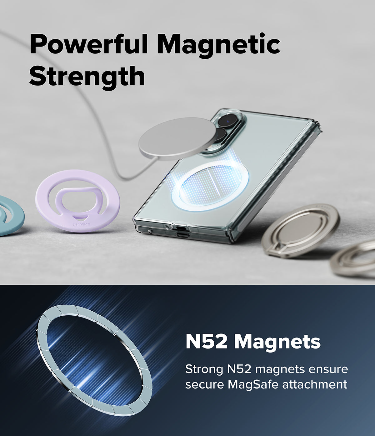 Galaxy Z Fold 8 | Fusion Air Flap Magnetic + Screen - A clear magnetic phone case with a built-in circular MagSafe ring, shown attached to a smartphone on a light gray surface. The image includes marketing text reading 'Powerful Magnetic Strength' and 'N52 Magnets Strong N52 magnets ensure secure MagSafe attachment,' plus separate views of the ring in pastel and metallic colors.