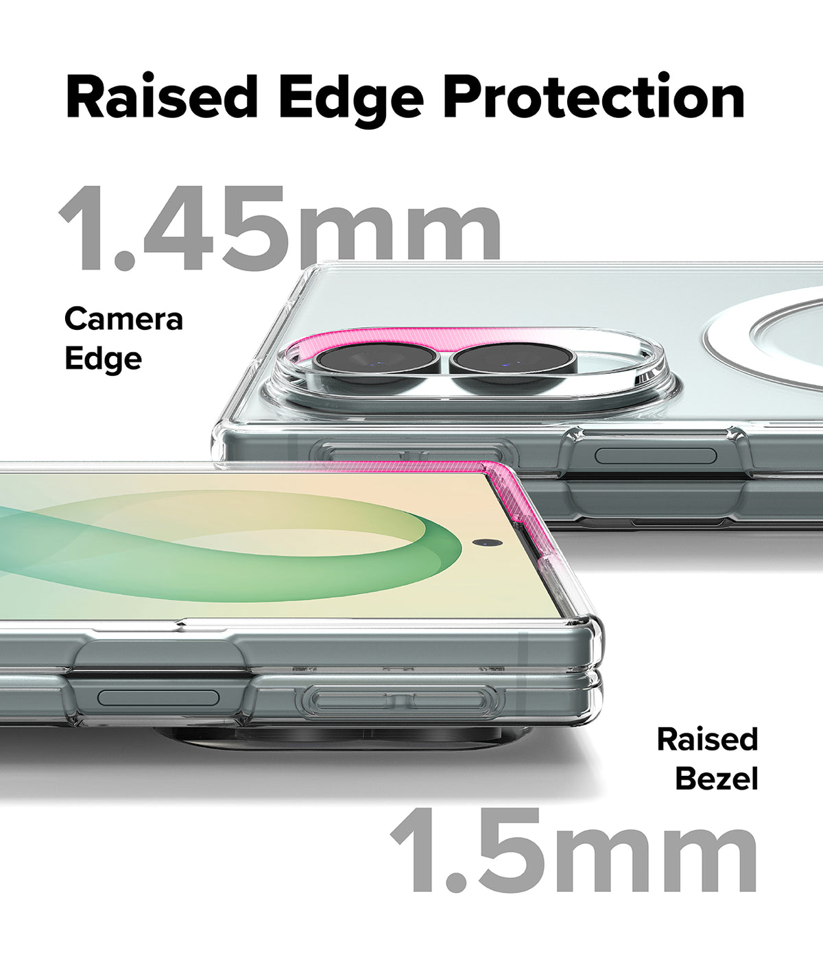 Galaxy Z Fold 8 | Fusion Air Flap Magnetic + 360° Privacy & Camera - Transparent phone case with raised edges shown on a smartphone, with text highlighting 1.45mm camera edge protection and 1.