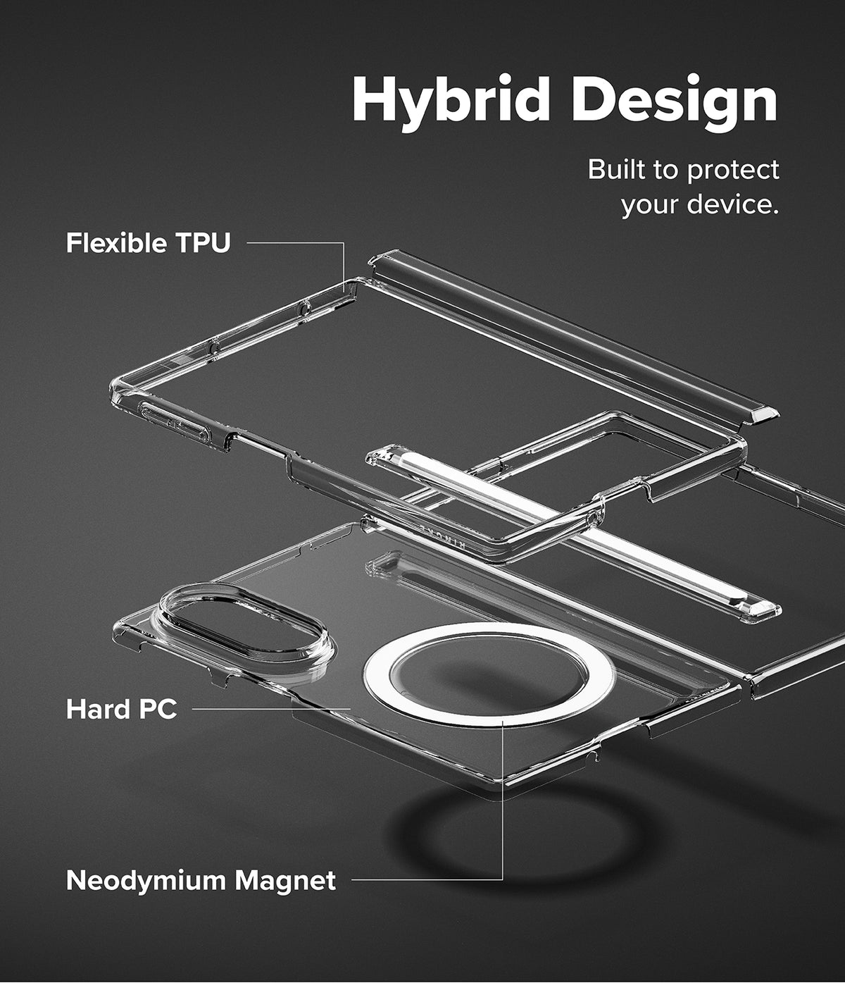 Galaxy Z Fold 8 | Fusion Air Flap Magnetic + Screen & Camera - Transparent phone case labeled 'Hybrid Design' with callouts for Flexible TPU, Hard PC, and Neodymium Magnet on a dark gray background.