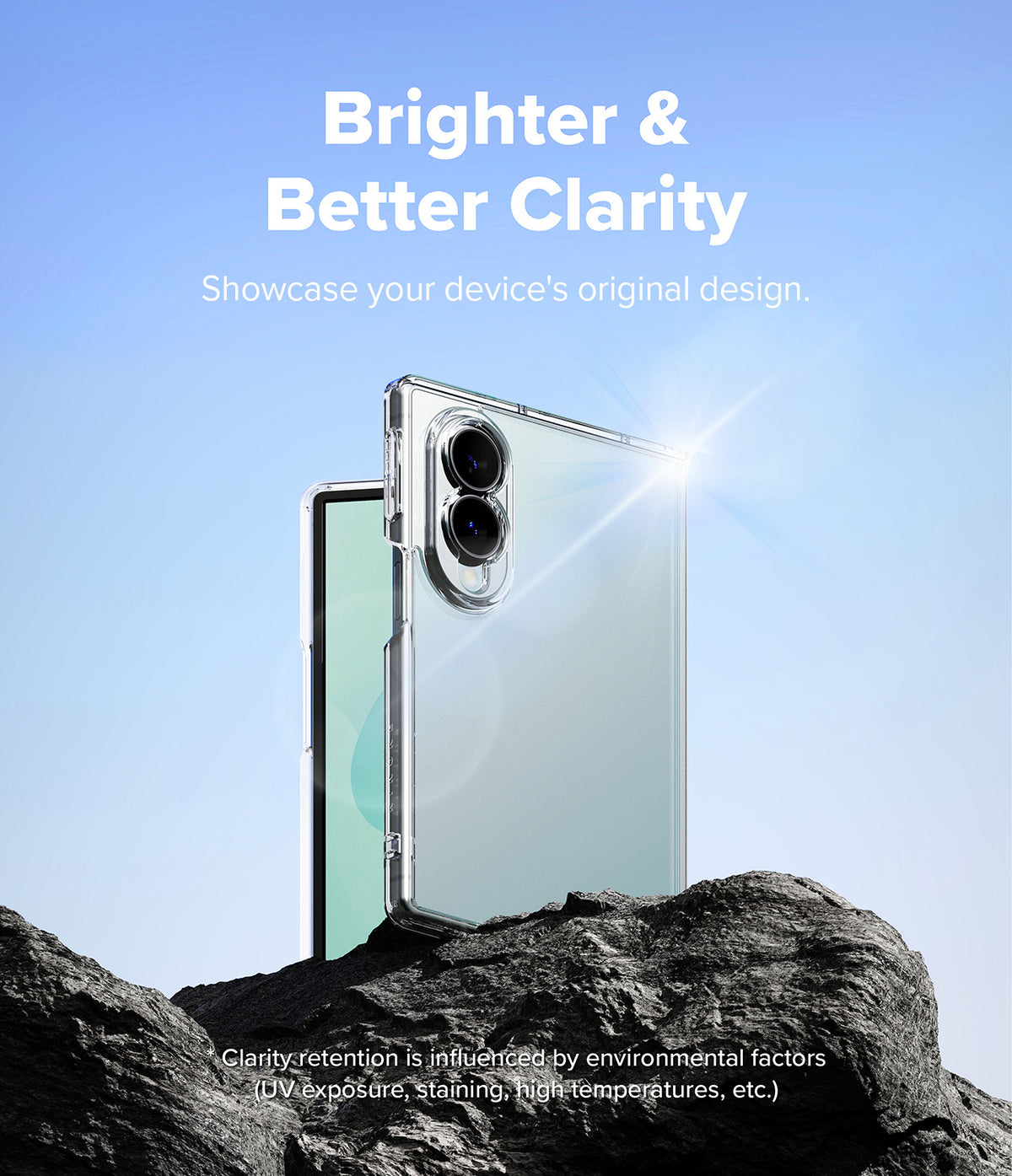 Galaxy Z Fold 8 | Fusion - A clear protective phone case shown on a smartphone, standing on dark rocks against a bright blue sky. White text at the top reads 'Brighter & Better Clarity' with smaller supporting copy, and small disclaimer text appears near the bottom.