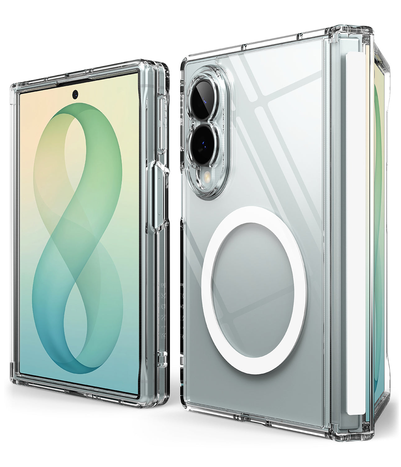 Galaxy Z Fold 8 Case | Fusion Flap Magnetic - Transparent protective phone case shown on a smartphone, with one view displaying the front of the phone inside the case and another showing the back with a large circular MagSafe-style ring and camera cutouts.