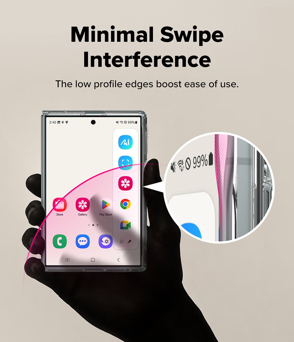 Galaxy Z Fold 8 | Fusion Magnetic - A hand holds a smartphone to demonstrate a clear, low-profile protective bumper edge. The graphic includes text reading 'Minimal Swipe Interference' and a circular inset showing the bumper's fine, low-profile design near the side of the phone.