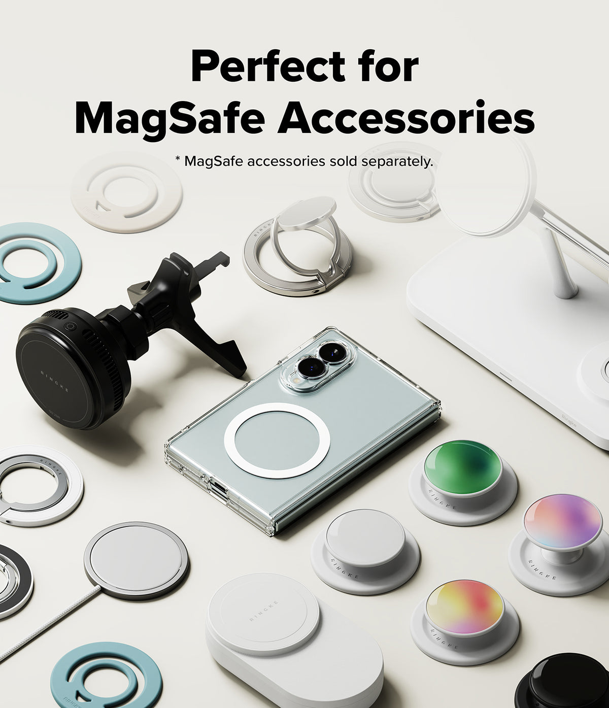 Galaxy Z Fold 8 | Fusion Magnetic - A promotional flat-lay showing a silver foldable phone with a MagSafe ring, surrounded by various white and colored MagSafe accessories including rings, a mount, and pop sockets. Text at the top reads 'Perfect for MagSafe Accessories' with a note that MagSafe accessories are sold separately.