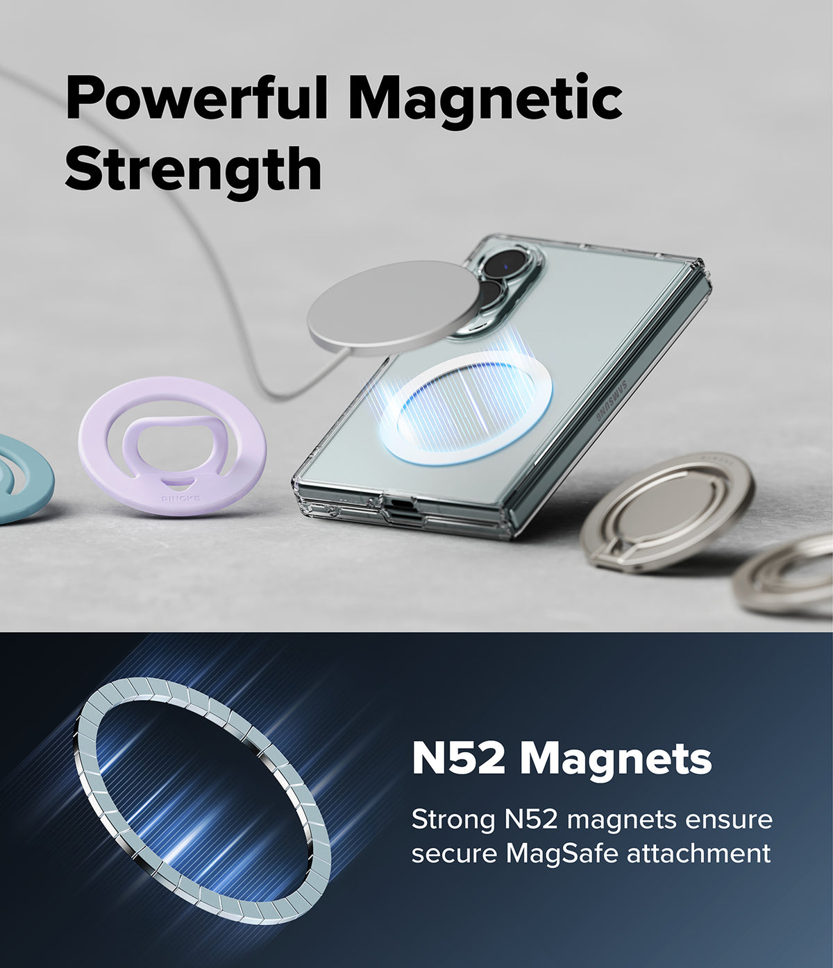 Galaxy Z Fold 8 | Fusion Magnetic - A clear magnetic phone case with a circular MagSafe ring, shown with a smartphone and several colorful ring attachments on a light gray surface. Text reads 'Powerful Magnetic Strength' and 'N52 Magnets Strong N52 magnets ensure secure MagSafe attachment.