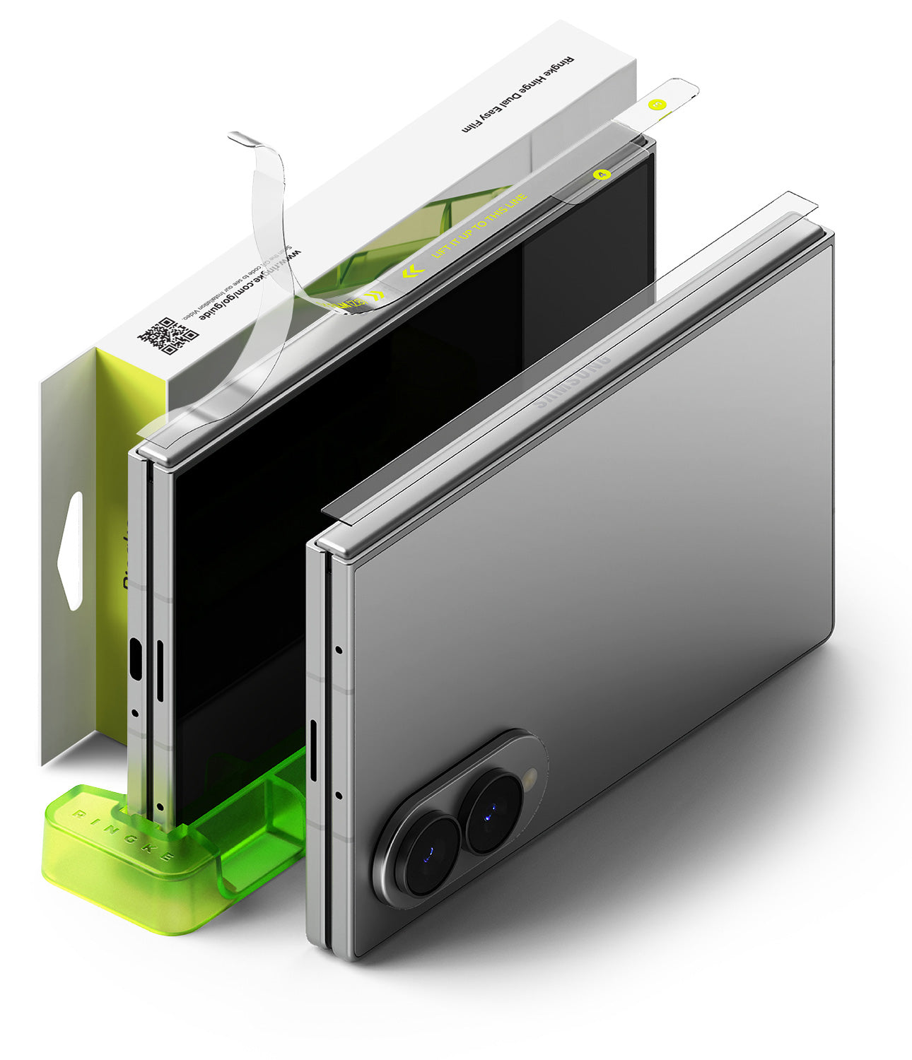 Galaxy Z Fold 8 Hinge Protector | Hinge Dual Easy Film (2 Pack) - A smartphone shown standing upright in a translucent bright green stand, with its retail box behind it on a clean white background. The box is white with lime green panels and visible Ringke branding.