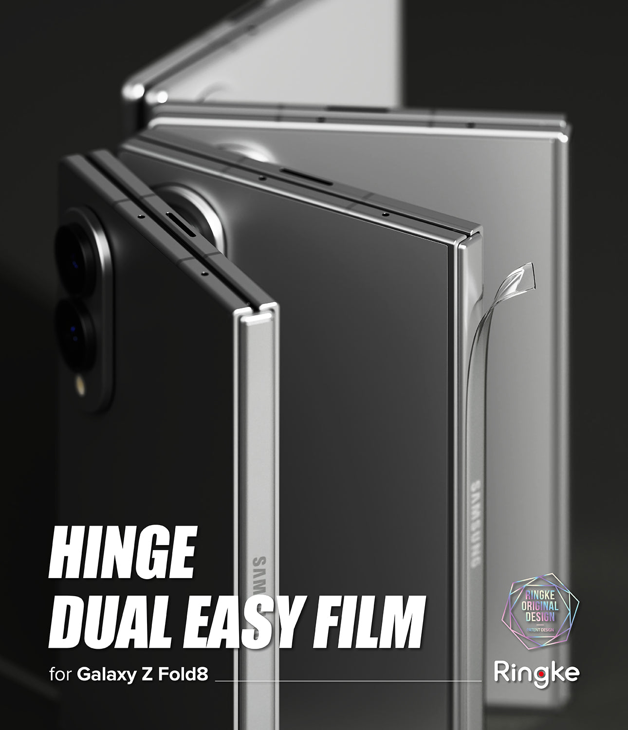 Galaxy Z Fold 8 Hinge Protector | Hinge Dual Easy Film (2 Pack) - A promotional render showing a Samsung Galaxy Z Fold8 foldable phone with a transparent hinge film applied, alongside marketing text reading 'HINGE DUAL EASY FILM for Galaxy Z Fold8' and a Ringke logo.