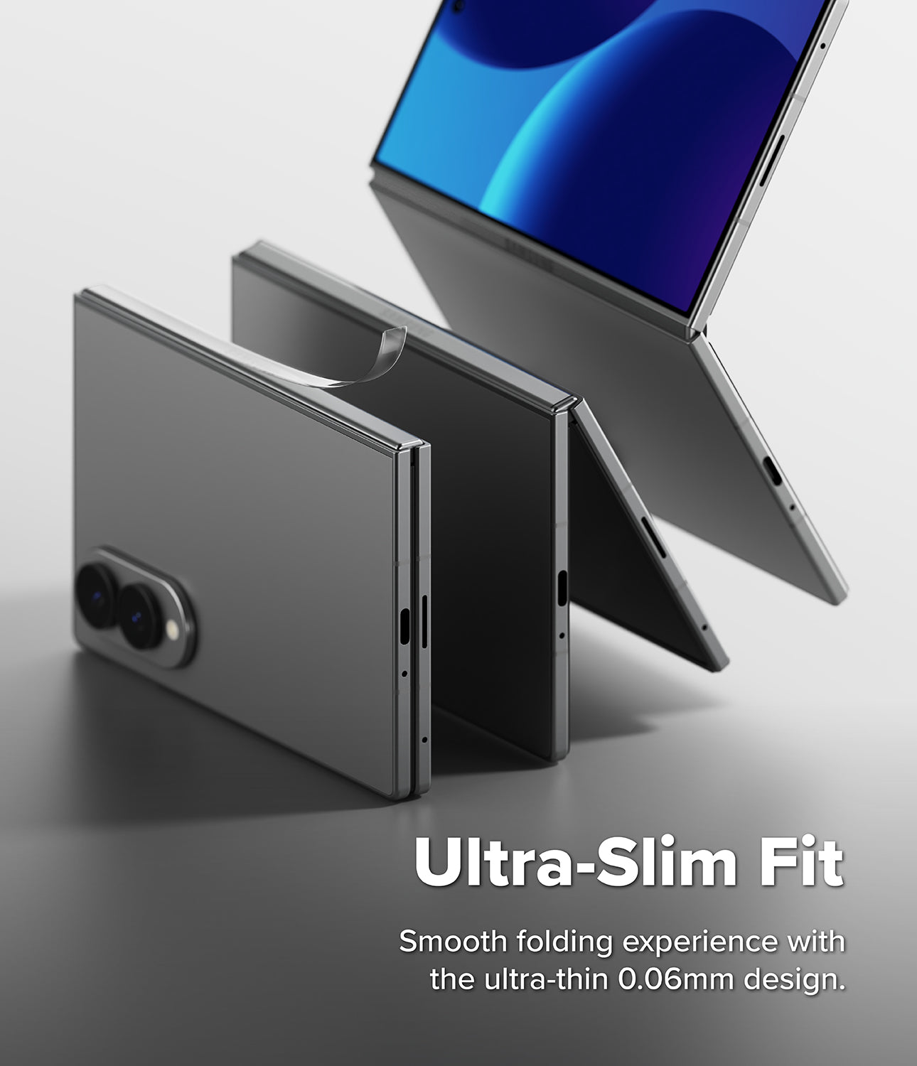 Galaxy Z Fold 8 Hinge Protector | Hinge Dual Easy Film (2 Pack) - A folding smartphone shown in three angles on a clean light gray studio background, with one screen open displaying a blue and purple wallpaper. White text at the bottom reads 'Ultra-Slim Fit' and 'Smooth folding experience with the ultra-thin 0.