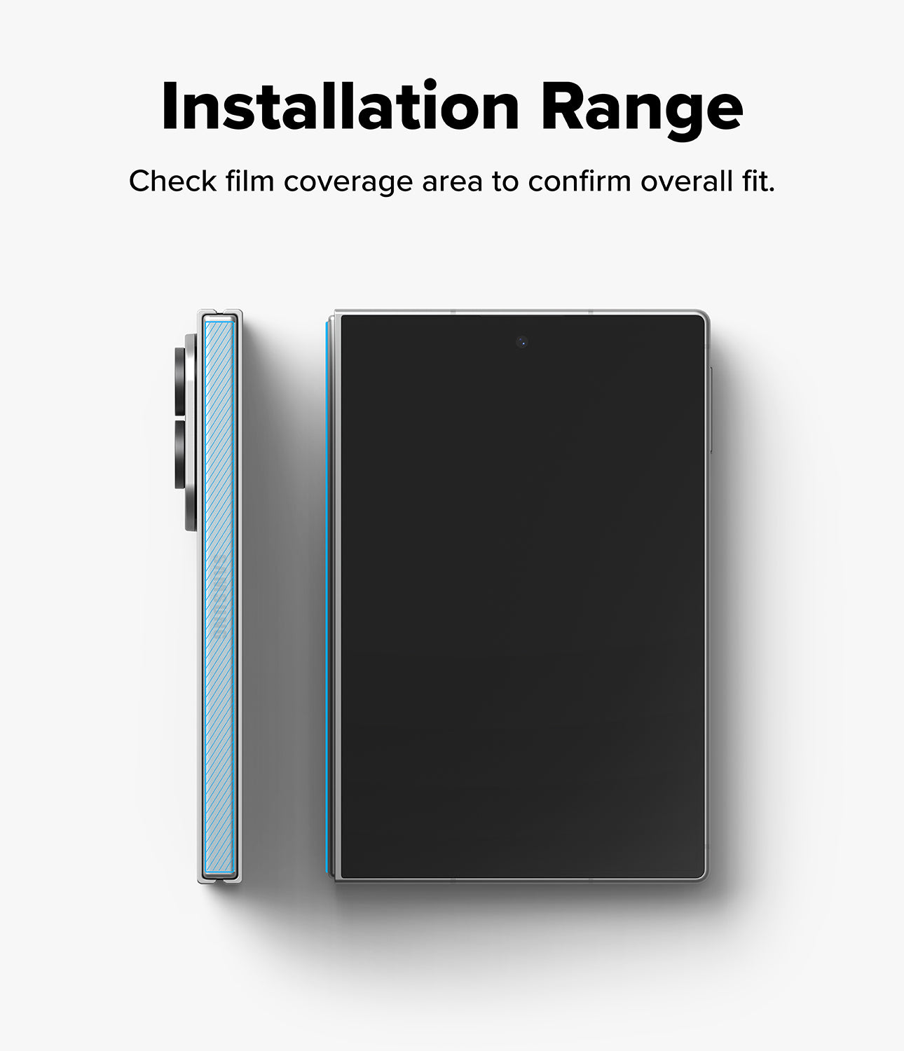 Galaxy Z Fold 8 Hinge Protector | Hinge Dual Easy Film (2 Pack) - A smartphone shown from the back and side on a light gray background, with the text 'Installation Range' and 'Check film coverage area to confirm overall fit.' above it.
