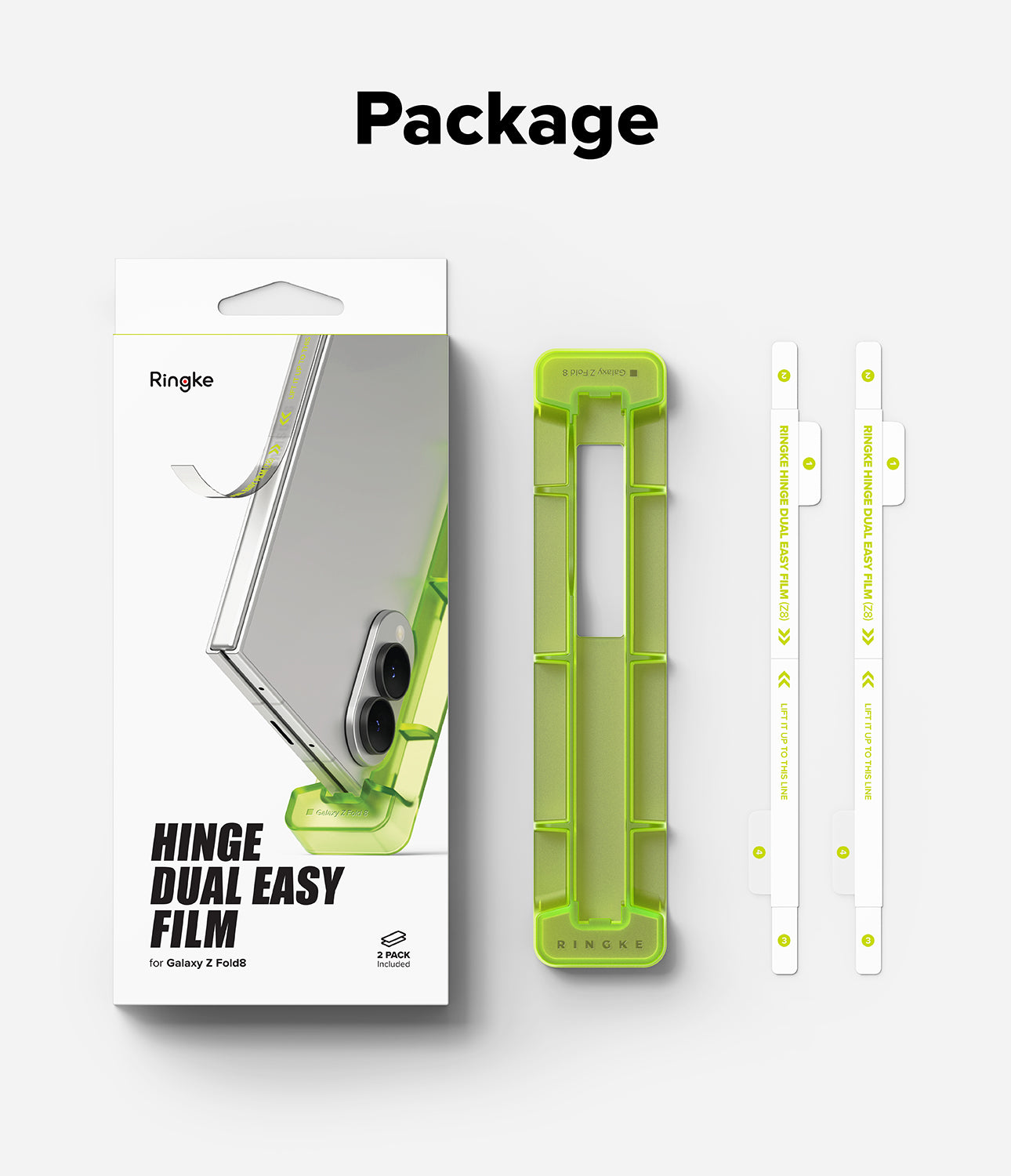 Galaxy Z Fold 8 Hinge Protector | Hinge Dual Easy Film (2 Pack) - Ringke Hinge Dual Easy Film packaging set on a light gray background, featuring the retail box, a translucent lime green hinge protector, and two white adhesive film strips with printed instructions.