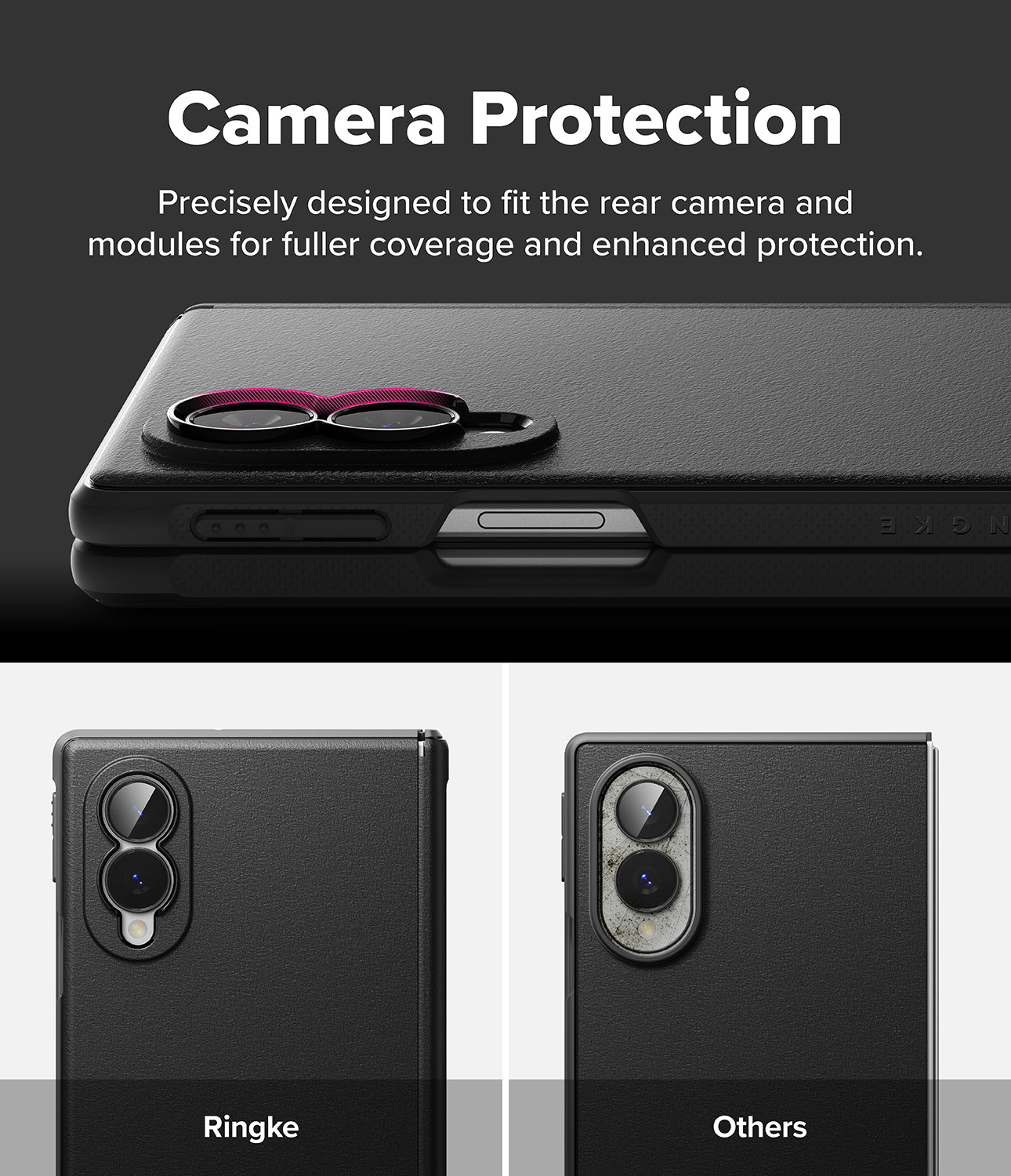 Galaxy Z Fold 8 Case | Onyx Flap - Black camera protection case shown on a smartphone, with text reading 'Camera Protection' and two smaller phone views below labeled Ringke and Others.