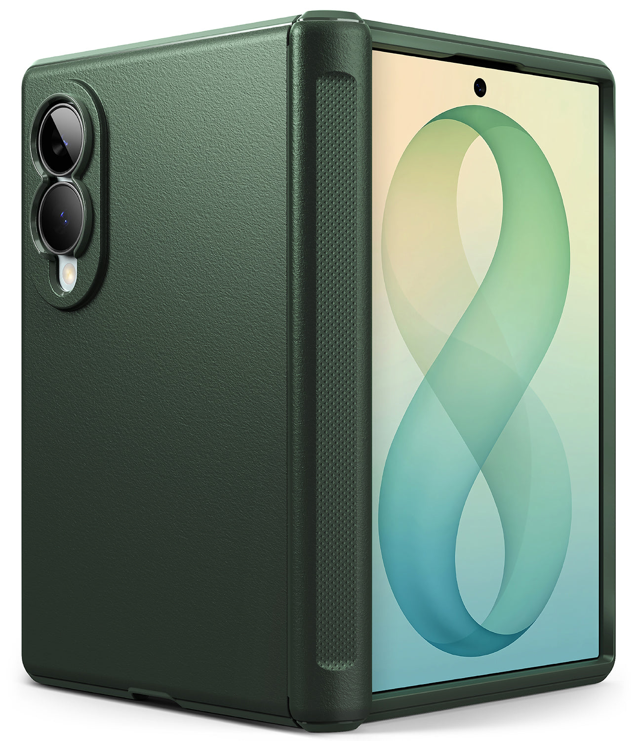 Galaxy Z Fold 8 Case | Onyx Flap - A dark forest green protective case for a foldable smartphone, shown with the phone partially inserted. The case features a textured leather-like back, a textured side panel, and a precise cutout for the dual camera system.