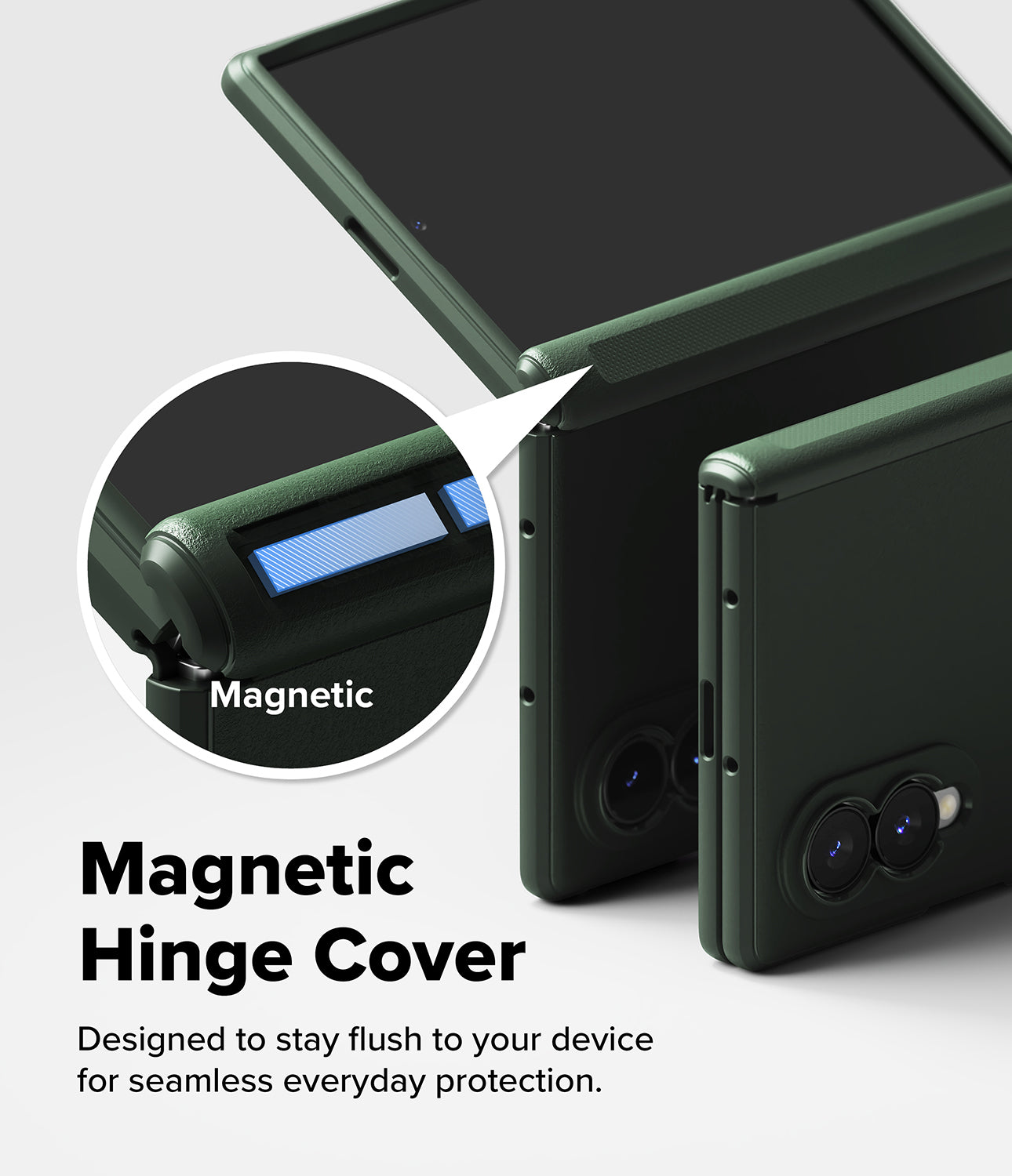 Galaxy Z Fold 8 Case | Onyx Flap - Dark green magnetic hinge cover case shown on a smartphone, with a circular inset highlighting the magnetic feature and text reading 'Magnetic Hinge Cover' on a light gray background.