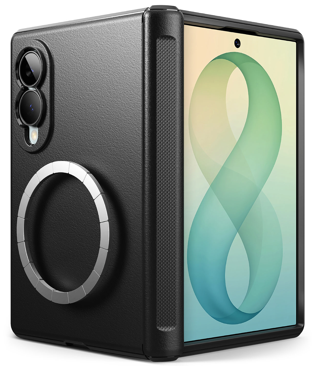 Galaxy Z Fold 8 Case | Onyx Flap Magnetic - Black textured phone case with a circular magnetic ring on the back, shown on a smartphone with the screen turned on against a plain white background.