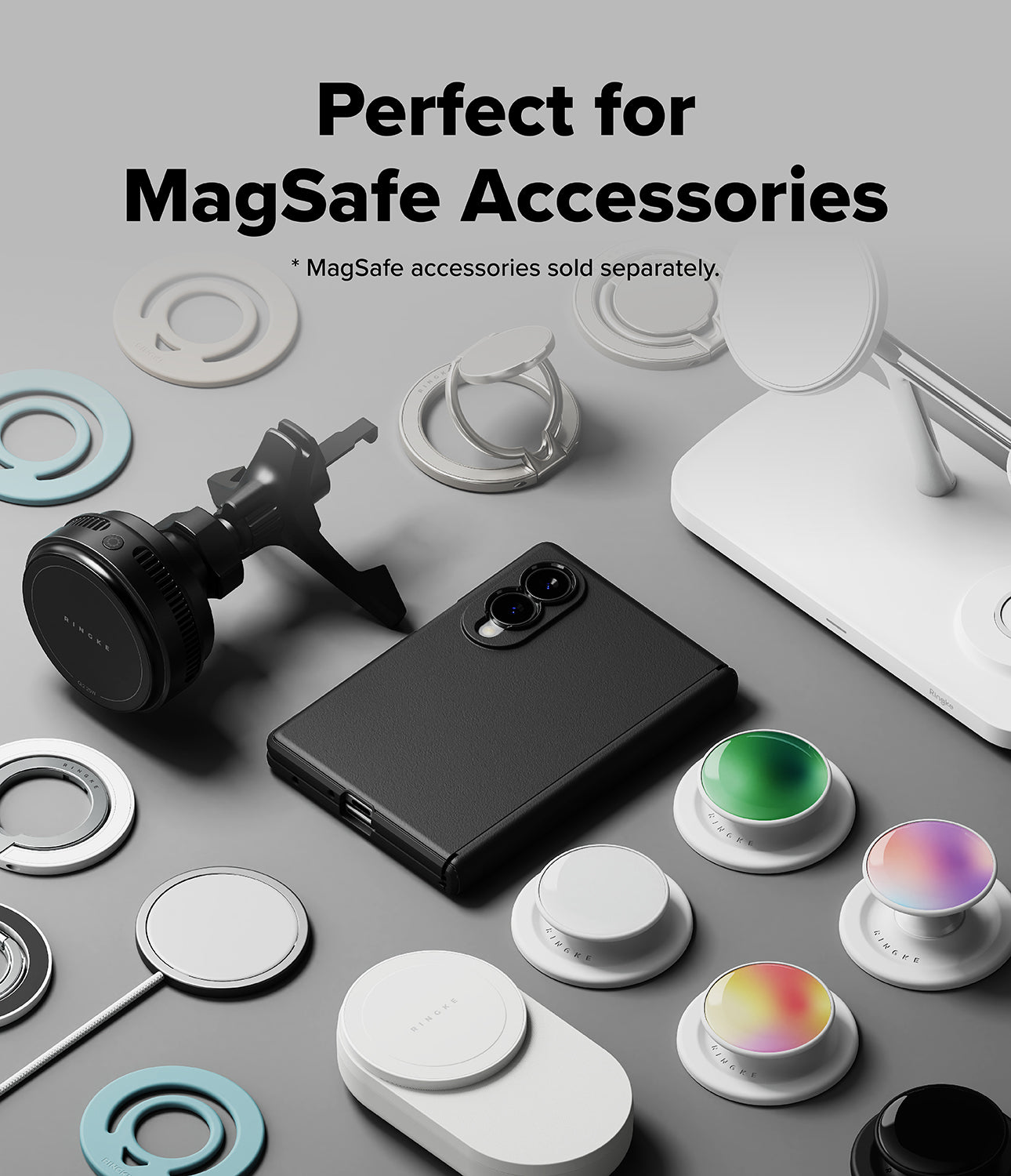 Galaxy Z Fold 8 Case | Onyx Flap Magnetic - A promotional layout showing a black smartphone surrounded by various MagSafe-compatible accessories, including a black magnetic mount, white ring stands, white clip stands, and several white circular holders with iridescent color-changing tops. Text at the top reads 'Perfect for MagSafe Accessories' with a smaller note that MagSafe accessories are sold separately.