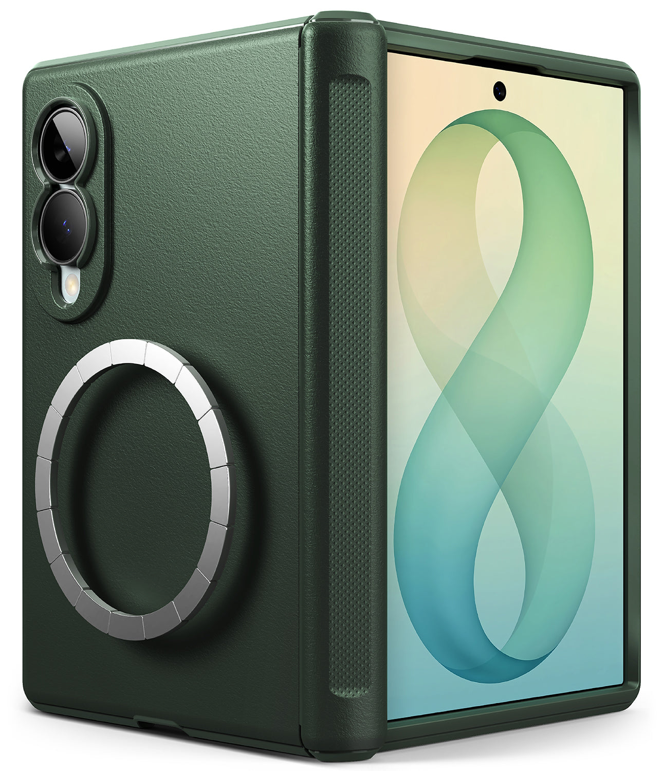 Galaxy Z Fold 8 Case | Onyx Flap Magnetic - A dark forest green protective case for a foldable smartphone, featuring a textured leather-like finish, a silver metallic ring stand on the back, and a camera cutout on the left side. The phone inside displays a colorful screen.