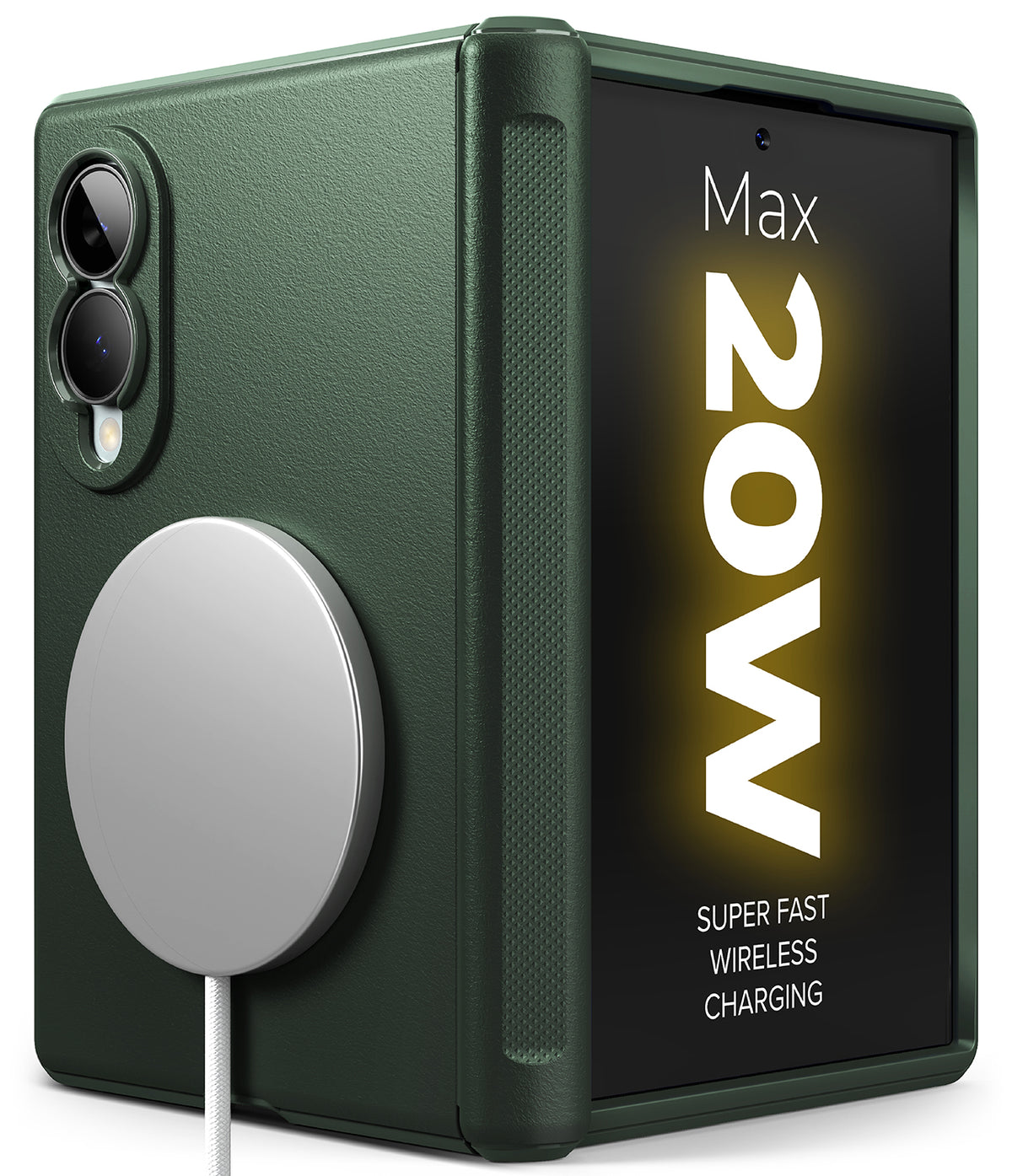 Galaxy Z Fold 8 Case | Onyx Flap Magnetic - A dark forest green protective case for a foldable smartphone, featuring a textured leather-like finish, a silver metallic ring stand on the back, and a camera cutout on the left side. The phone inside displays a colorful screen.