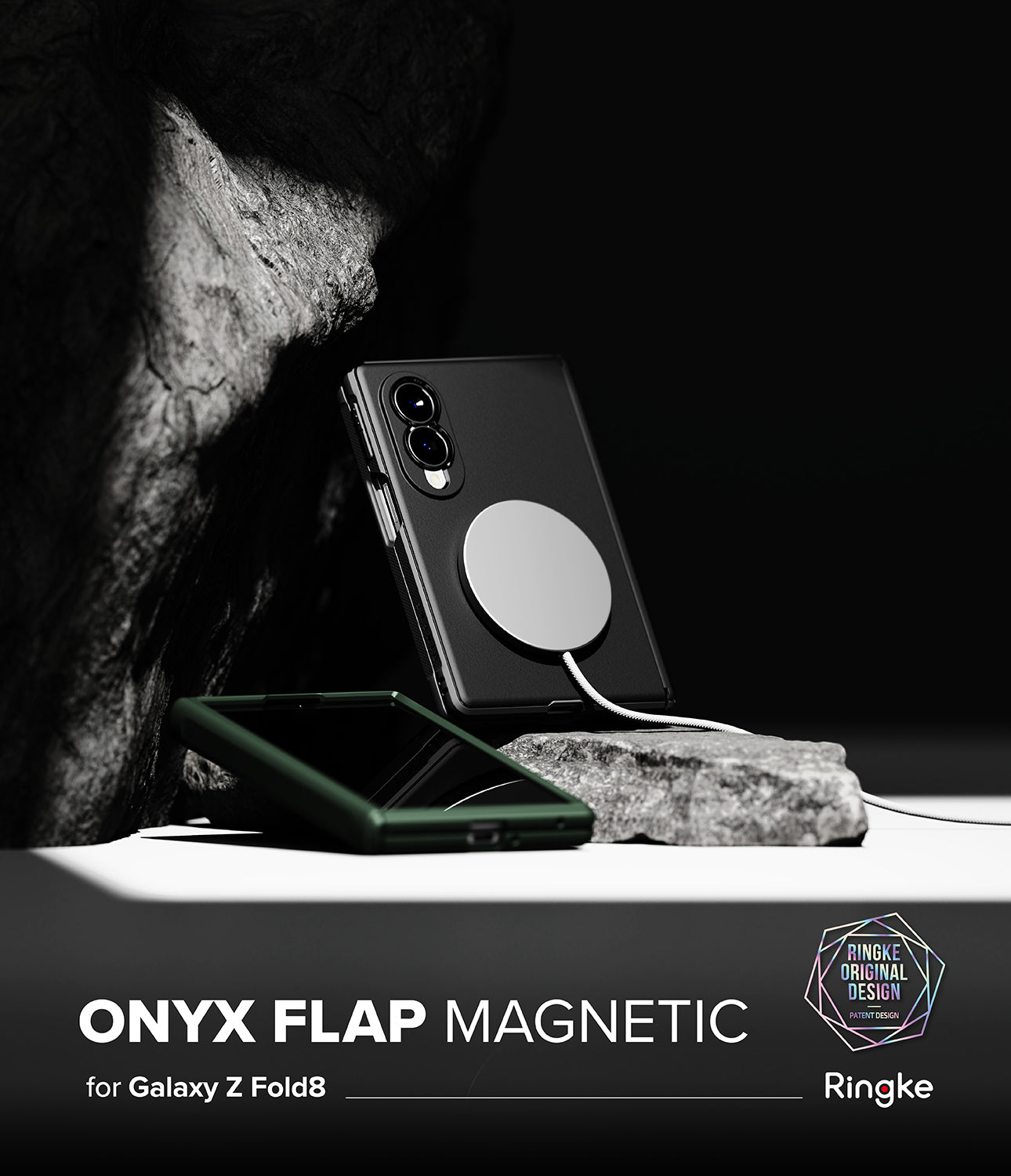 Galaxy Z Fold 8 Case | Onyx Flap Magnetic - A black magnetic phone case with a transparent flap is shown on a Samsung Galaxy Z Fold8, resting on a rock against a dark background. A second phone with a dark green case lies below it.