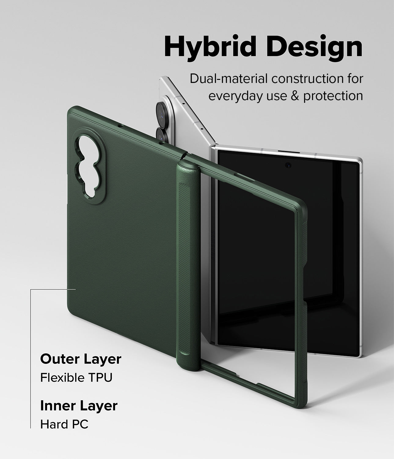 Galaxy Z Fold 8 Case | Onyx Flap Magnetic - A dark green protective case for a foldable tablet, shown both open and closed on a light gray background with text explaining its hybrid design and materials.