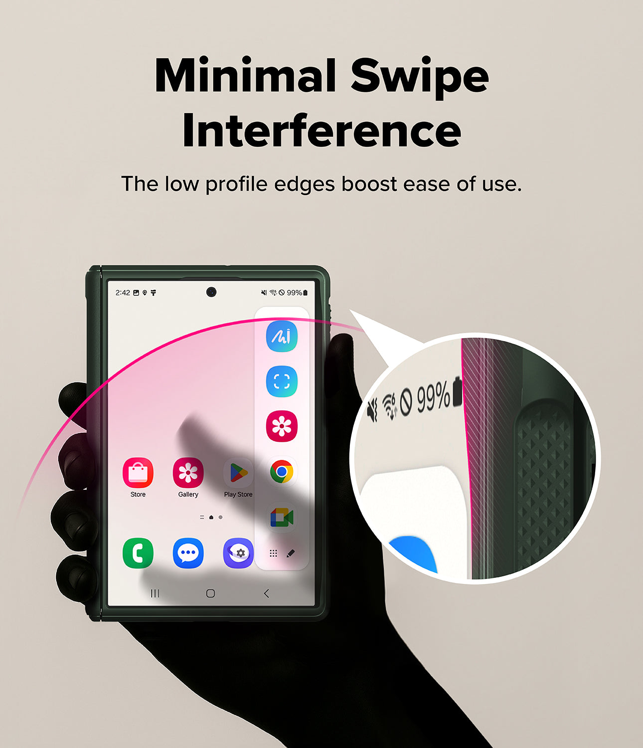 Galaxy Z Fold 8 Case | Onyx Flap Magnetic - A black smartphone case with minimal profile edges is shown on a hand against a beige background, with text reading 'Minimal Swipe Interference' and a circular inset highlighting the low-profile edge design.
