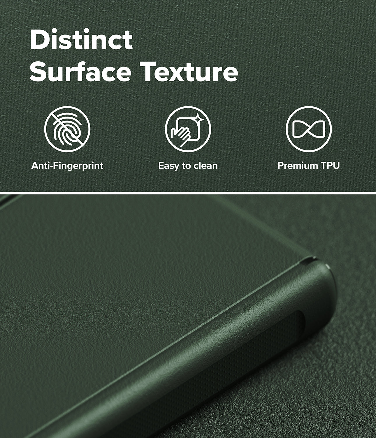 Galaxy Z Fold 8 Case | Onyx Flap Magnetic - Dark green phone case with a textured surface, featuring a close-up of the corner showing its premium TPU material. The top portion contains white text reading 'Distinct Surface Texture' with three icons labeled 'Anti-Fingerprint', 'Easy to clean', and 'Premium TPU'.