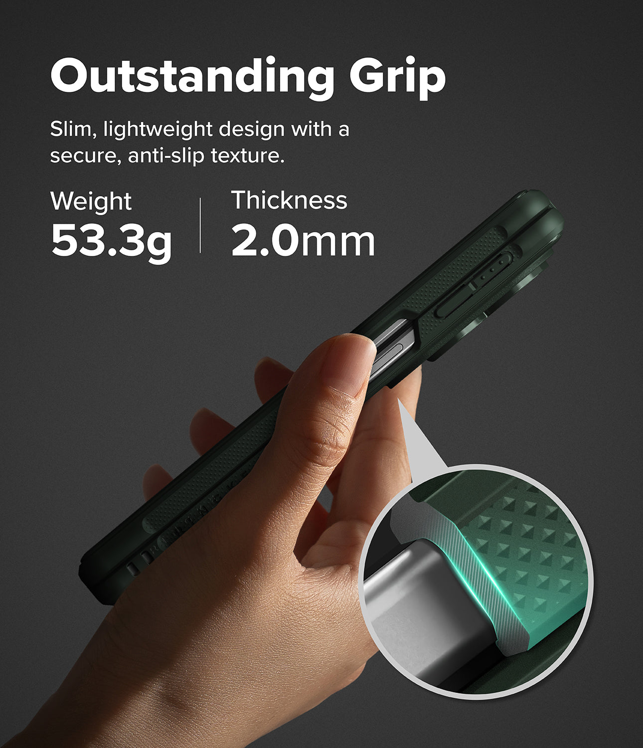 Galaxy Z Fold 8 Case | Onyx Flap Magnetic - A hand holds a dark green rugged phone case against a dark gray background, with marketing text reading 'Outstanding Grip' and feature callouts including weight 50.7g and thickness 2.