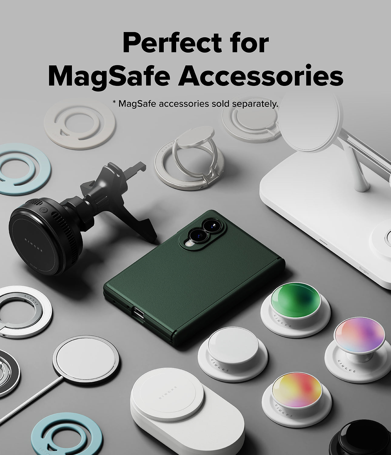Galaxy Z Fold 8 Case | Onyx Flap Magnetic - A dark green folding smartphone surrounded by various MagSafe accessories, including a black magnetic mount, white ring stands, and colorful pop-sockets, with text reading 'Perfect for MagSafe Accessories' at the top.